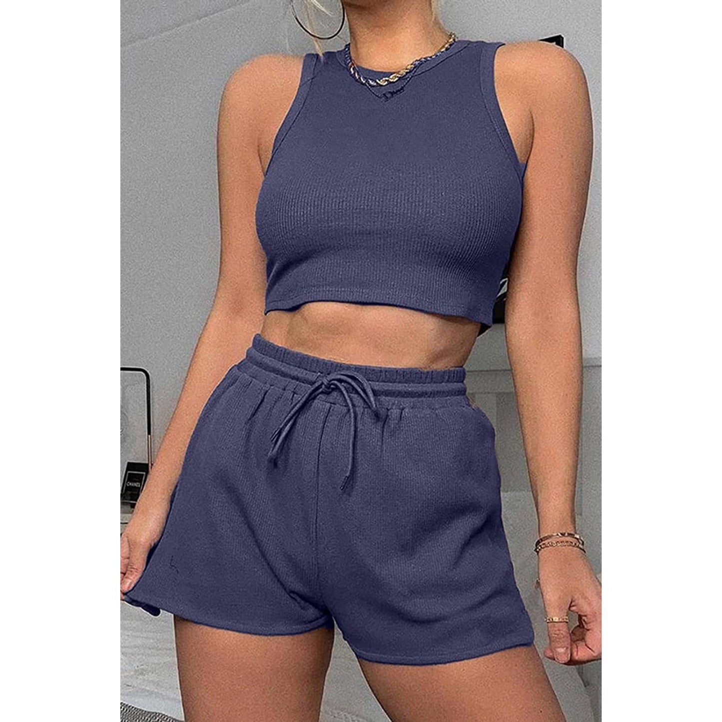 Round Neck Top and Drawstring Shorts Set