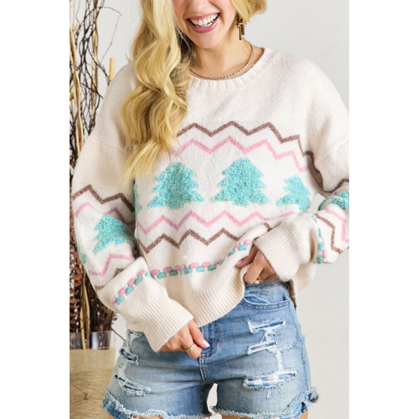 Christmas Tree Ribbed Hem Dropped Shoulder Sweater