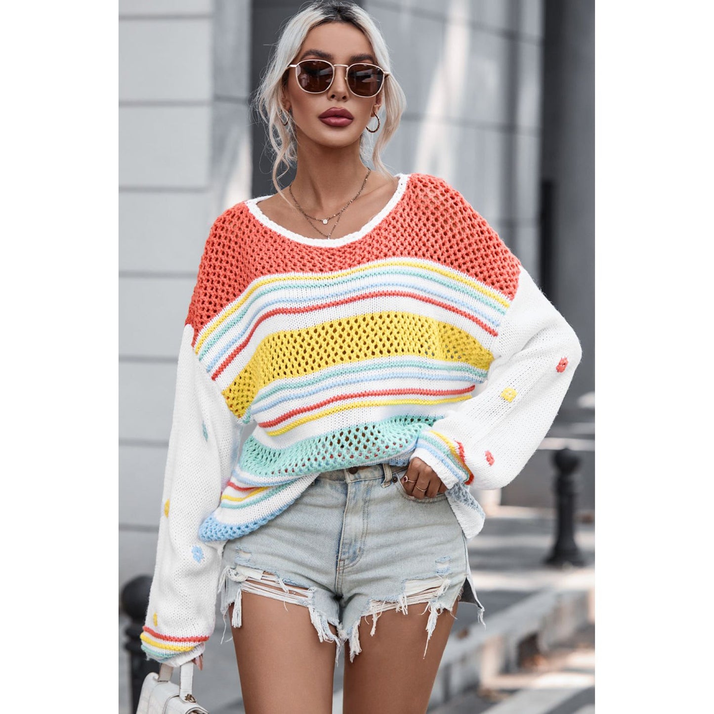 Openwork Striped Round Neck Long Sleeve Sweater