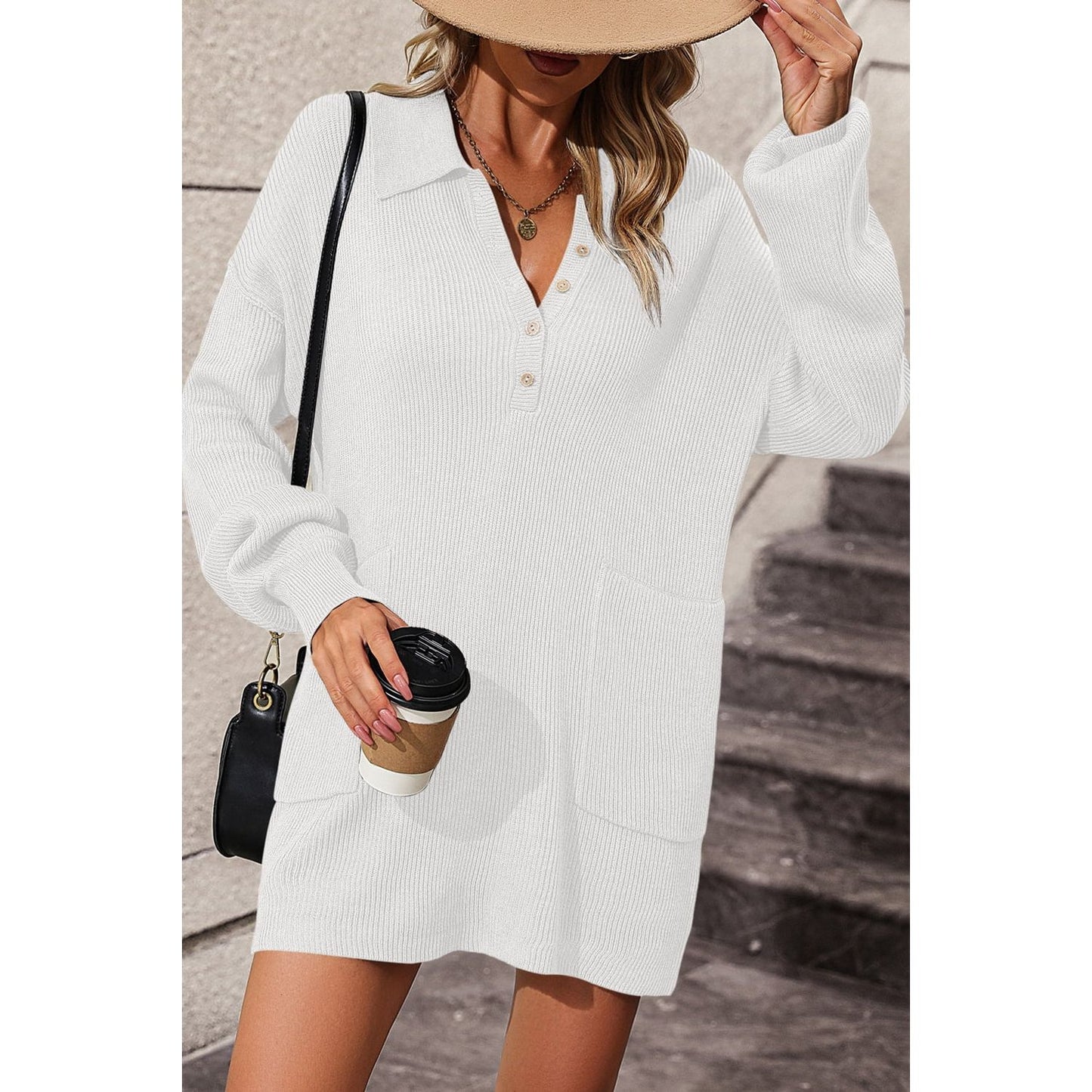 Johnny Collar Drop Shoulder Sweater Dress