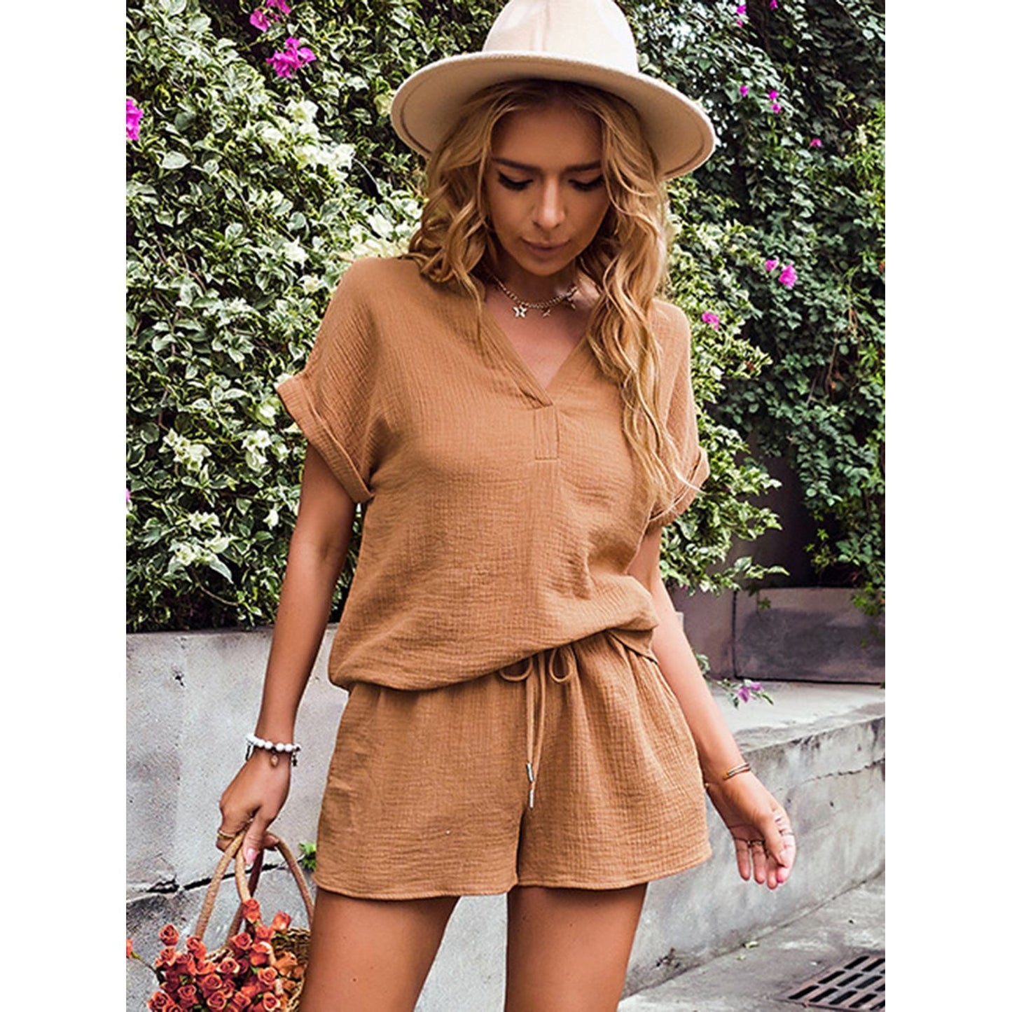 Notched Short Sleeve Top and Shorts Set