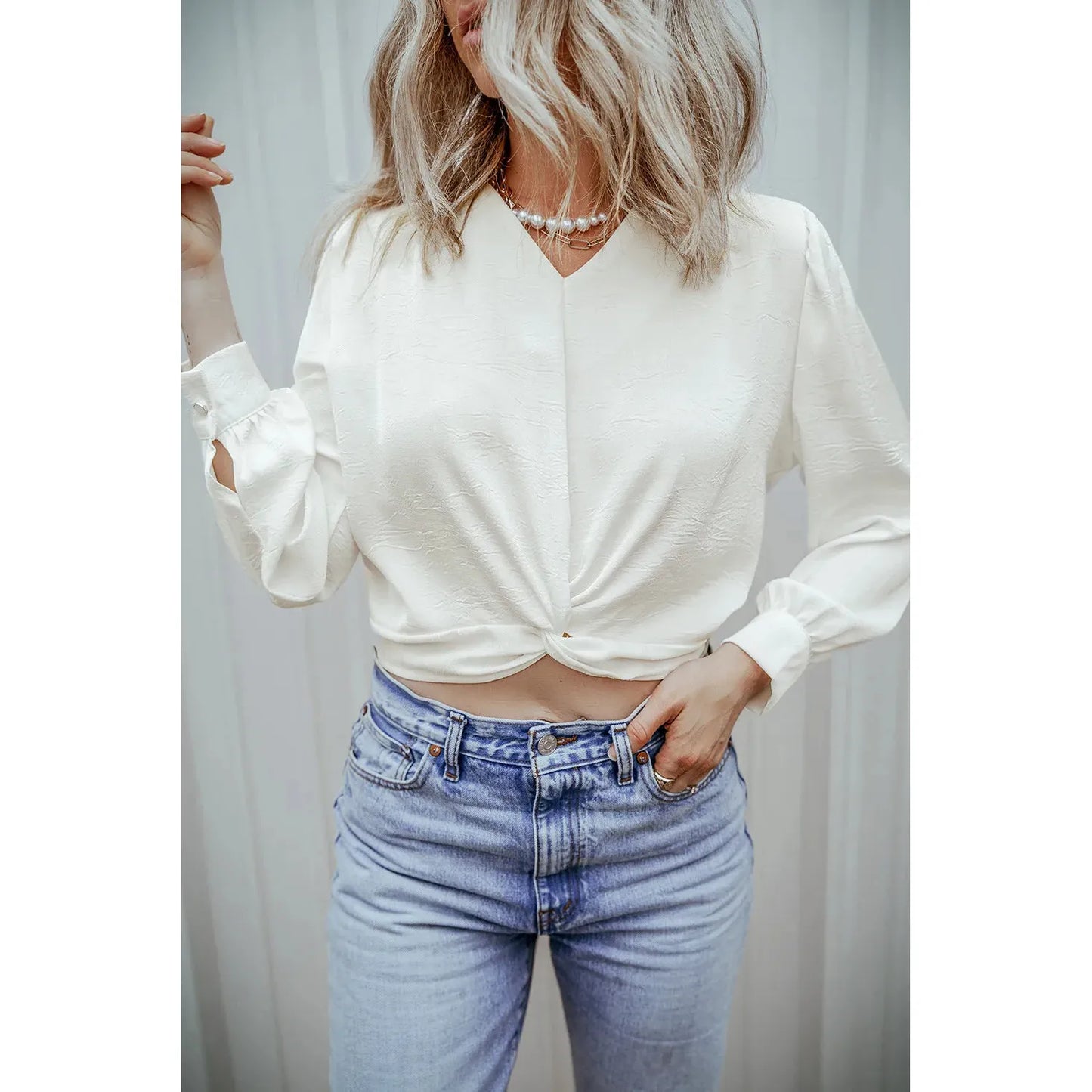 Textured V-Neck Long Sleeve Blouse