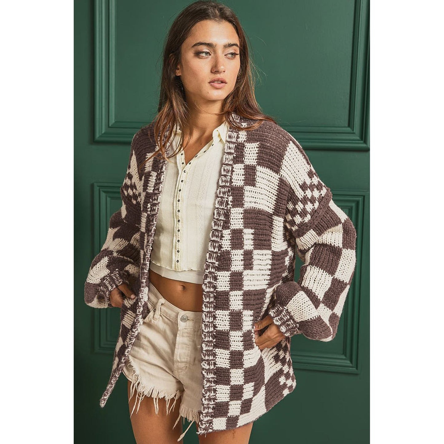 Checkered Open Front Long Sleeve Cardigan