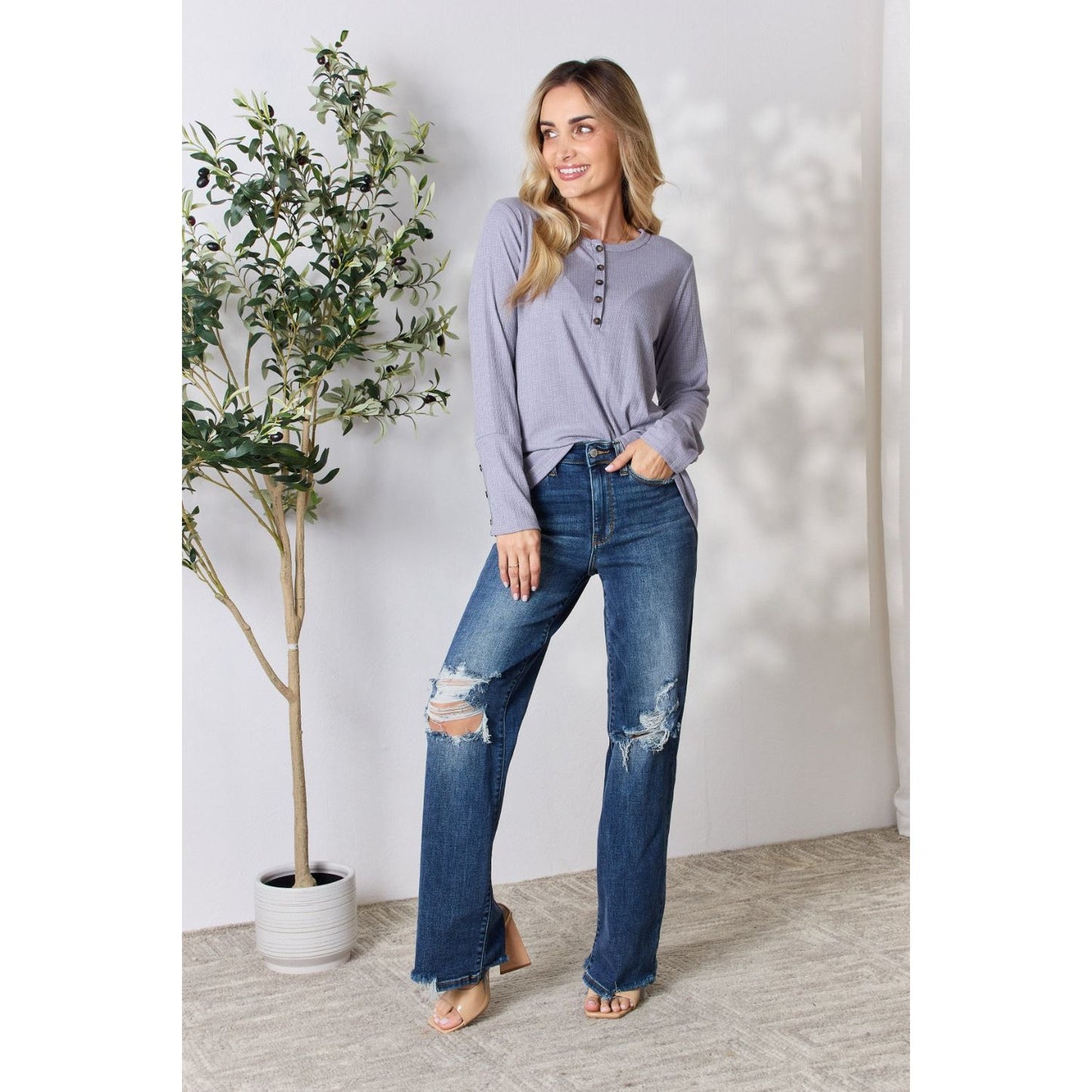 Heimish Full Size Texture Half Button Long Sleeve Top