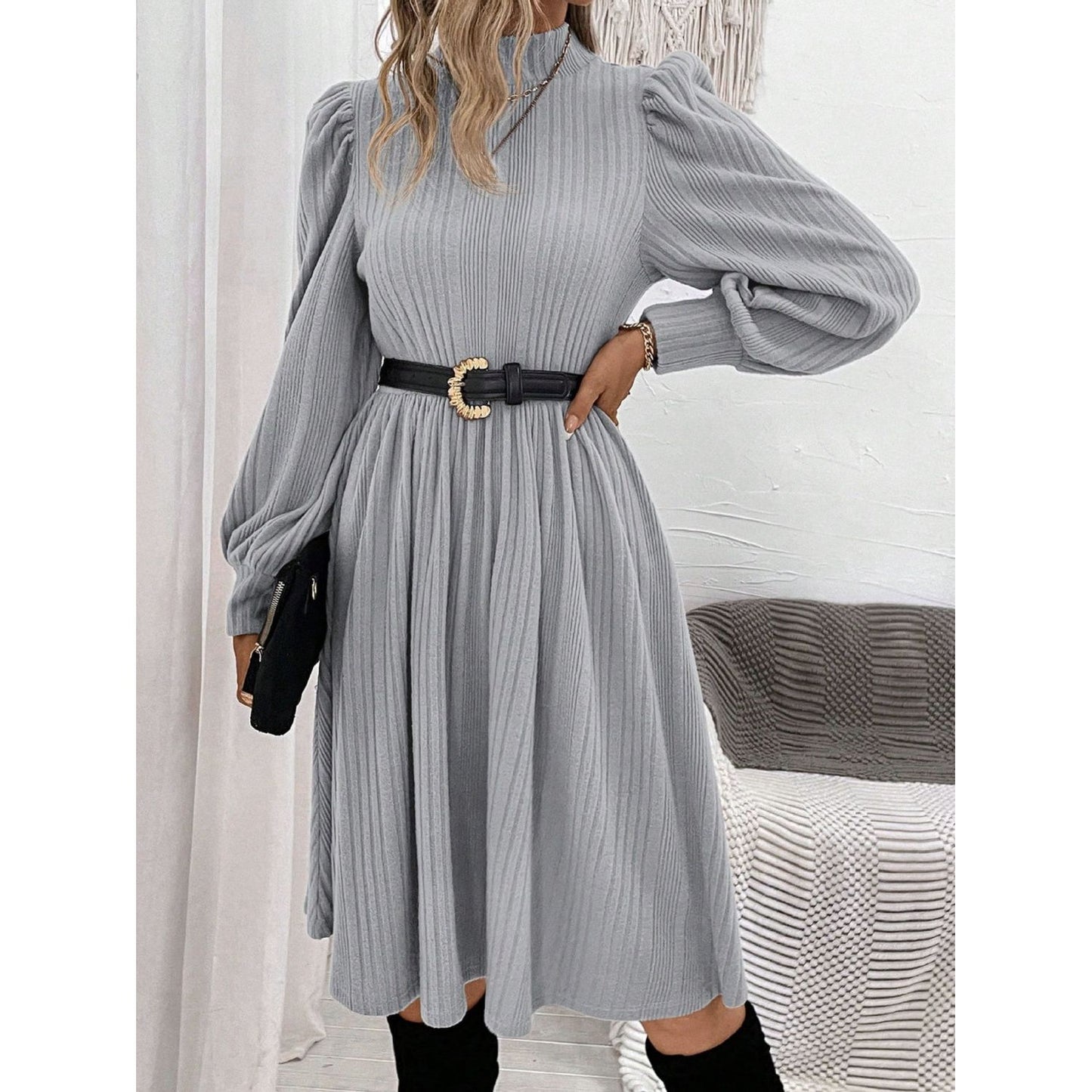 Textured Turtleneck Long Sleeve Dress