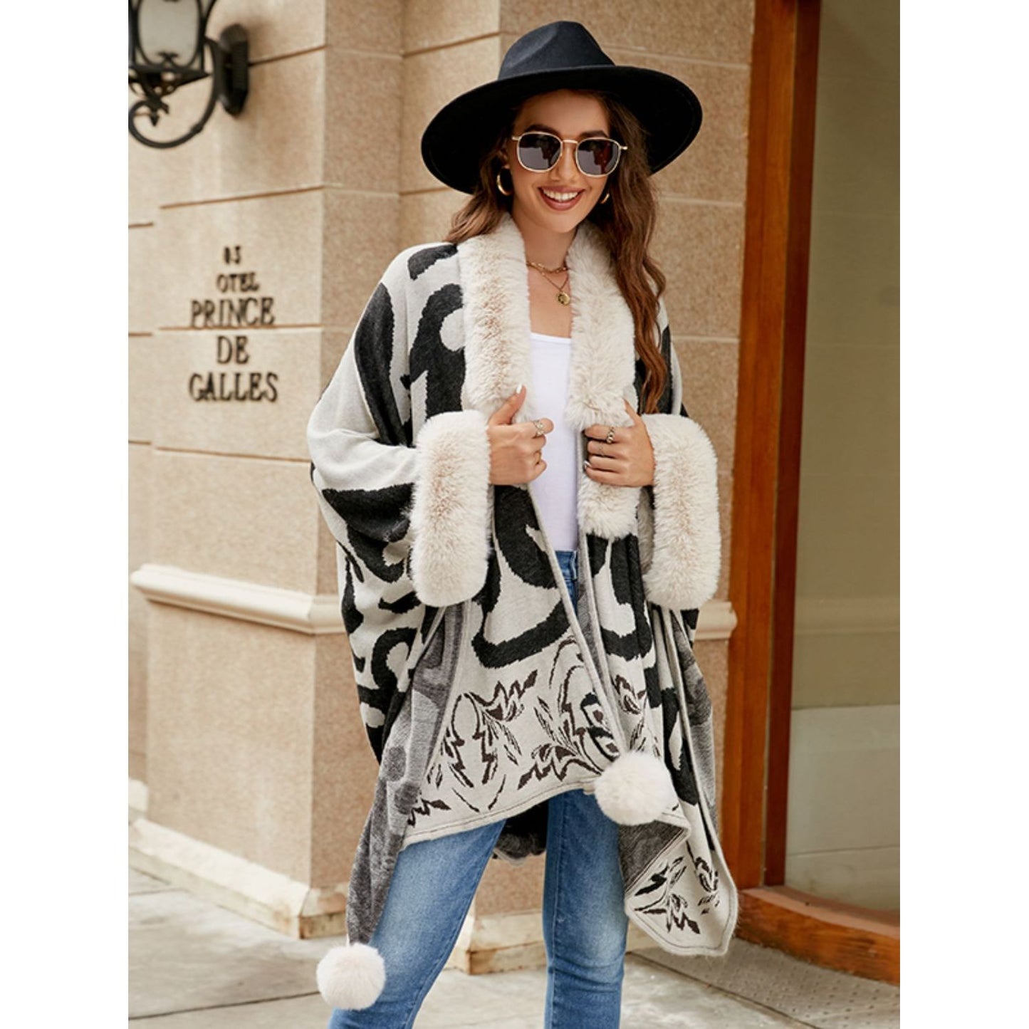 Faux Fur Trim Poncho