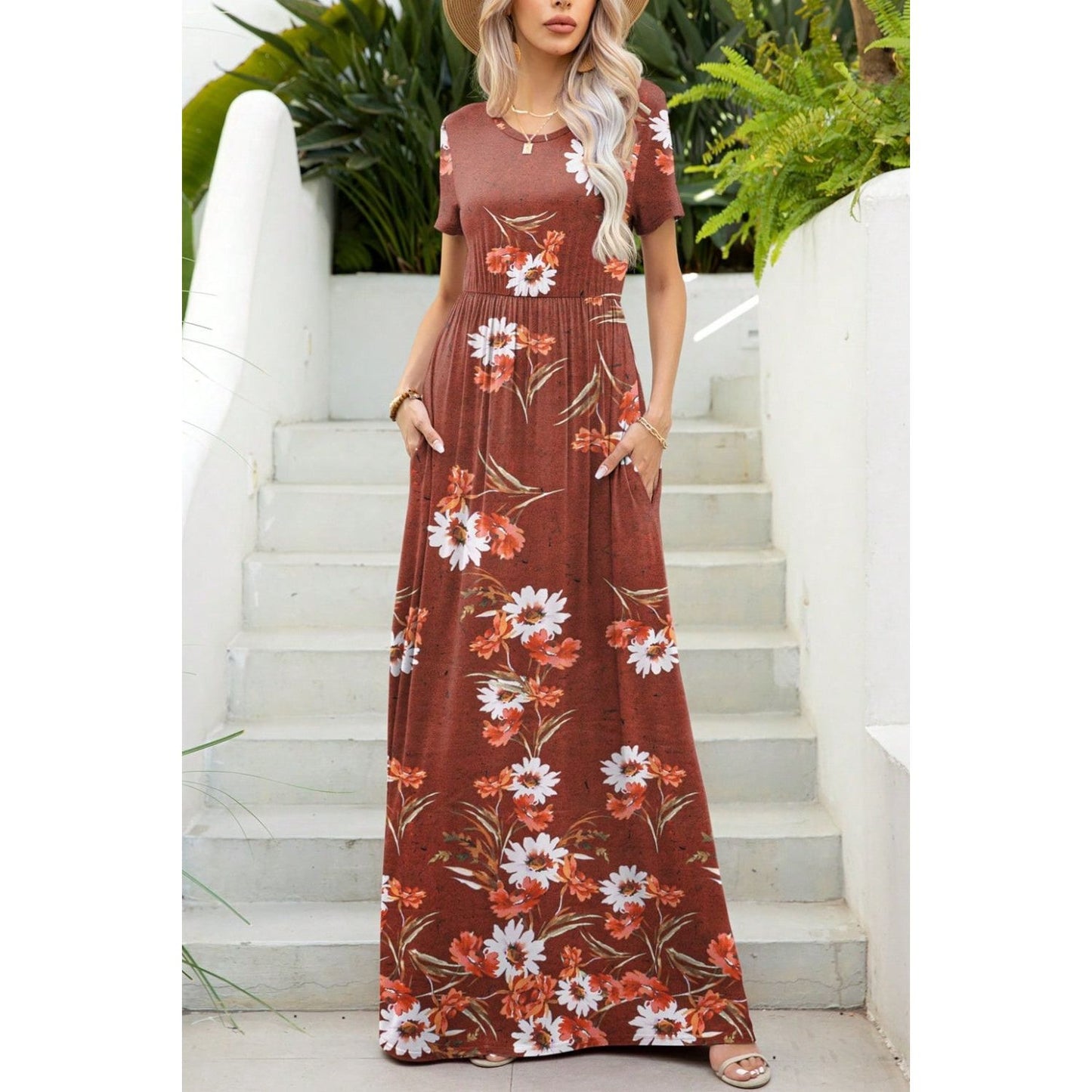 Printed Round Neck Short Sleeve Maxi Dress