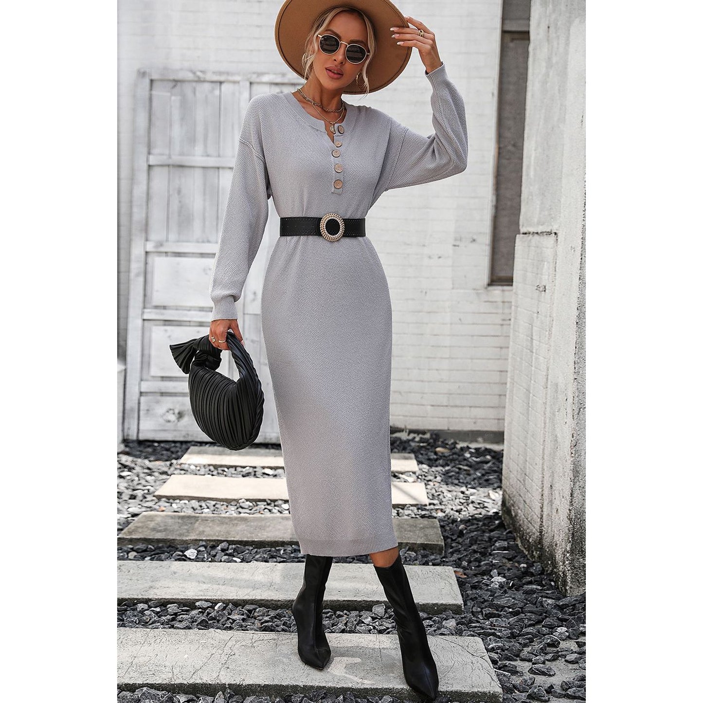 Decorative Button Notched Dropped Shoulder Sweater Dress