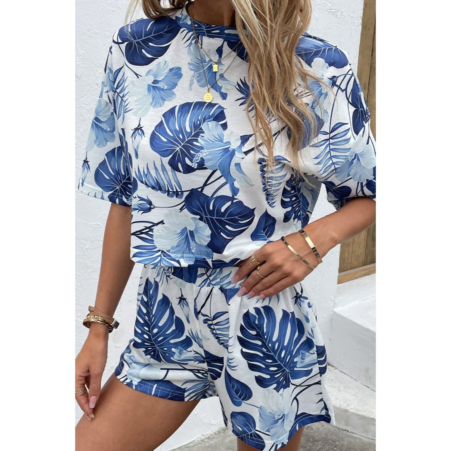 Shiny Printed Half Sleeve Top and Shorts Lounge Set