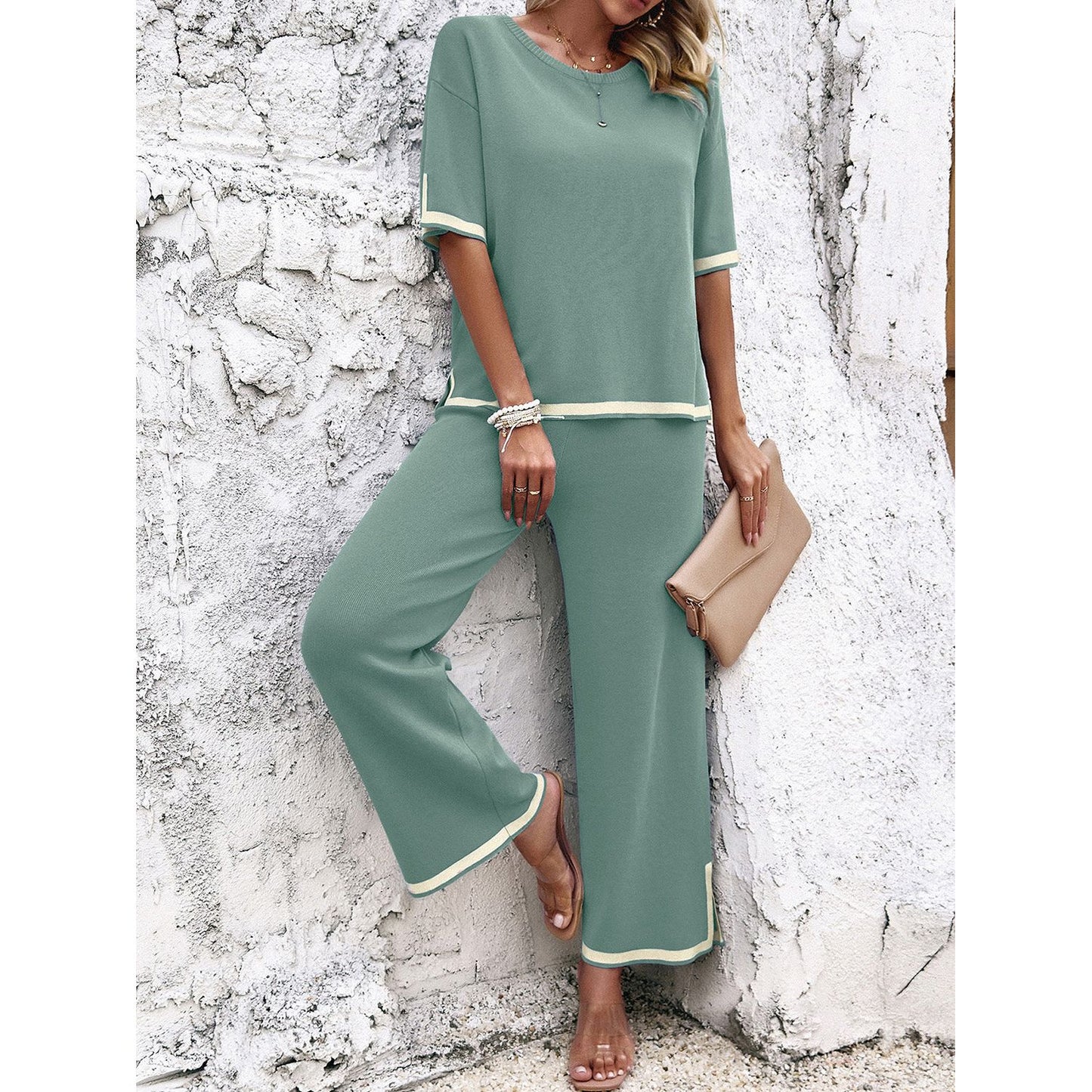 Contrast Trim Round Neck Top and Pants Set