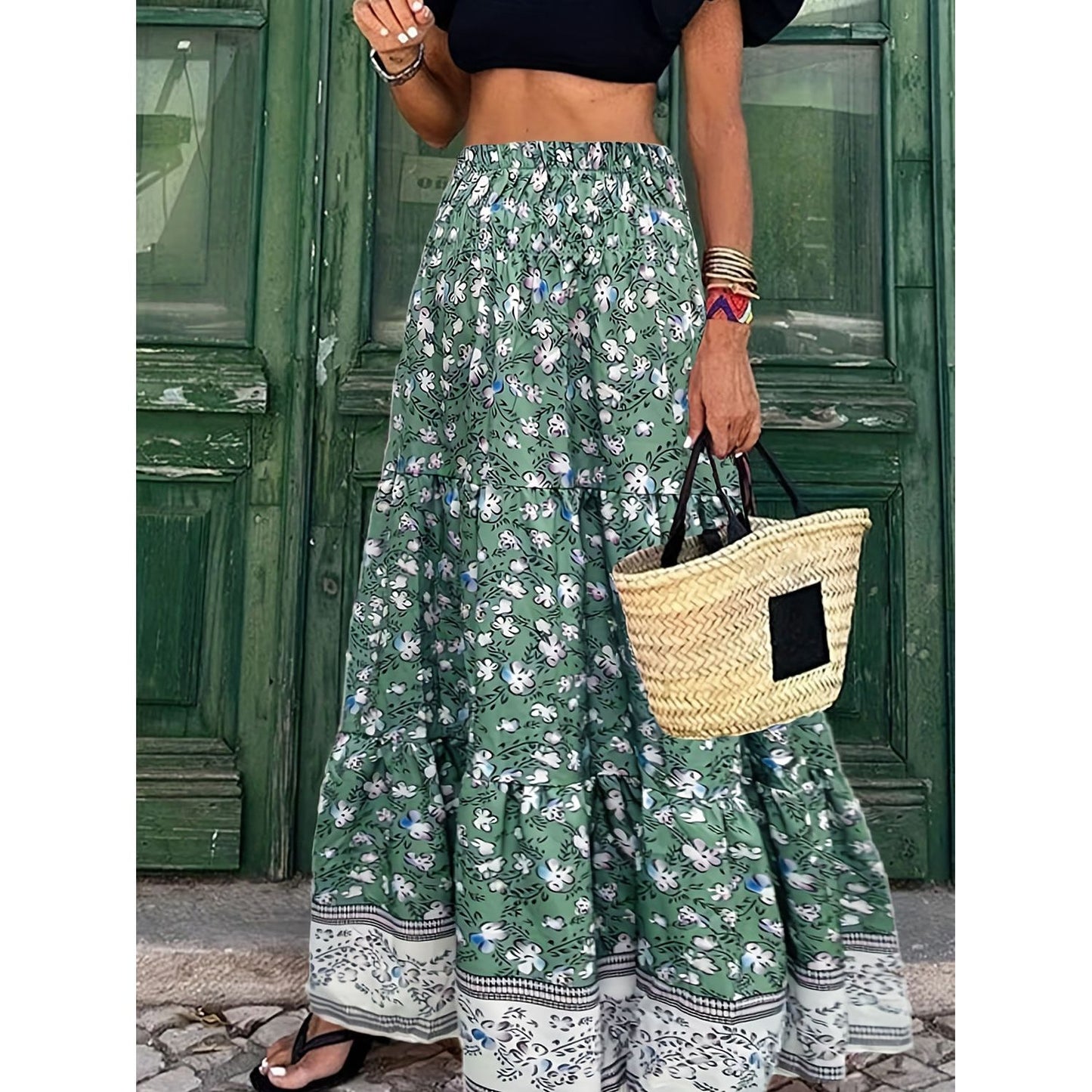 Full Size Tiered Printed Elastic Waist Skirt