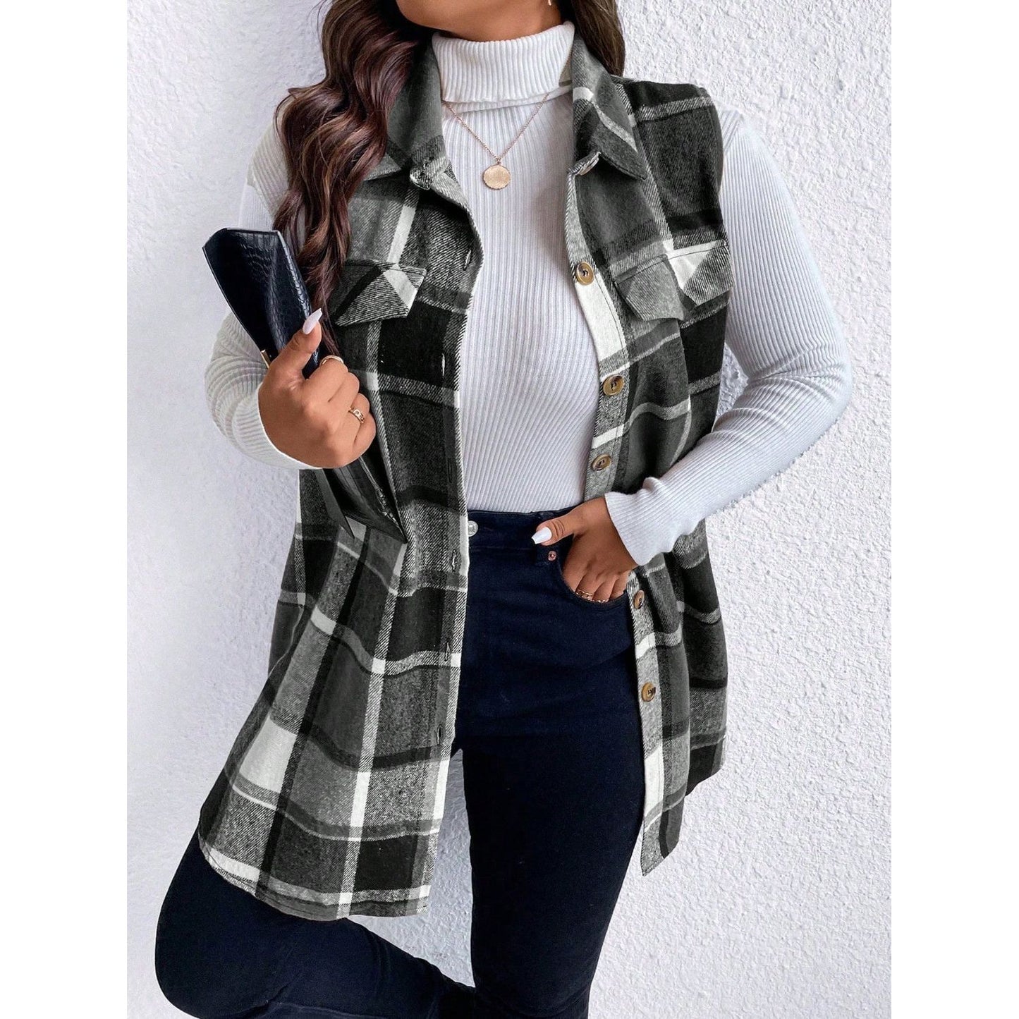 Honey Plus Size Pocketed Plaid Button Up Vest Coat