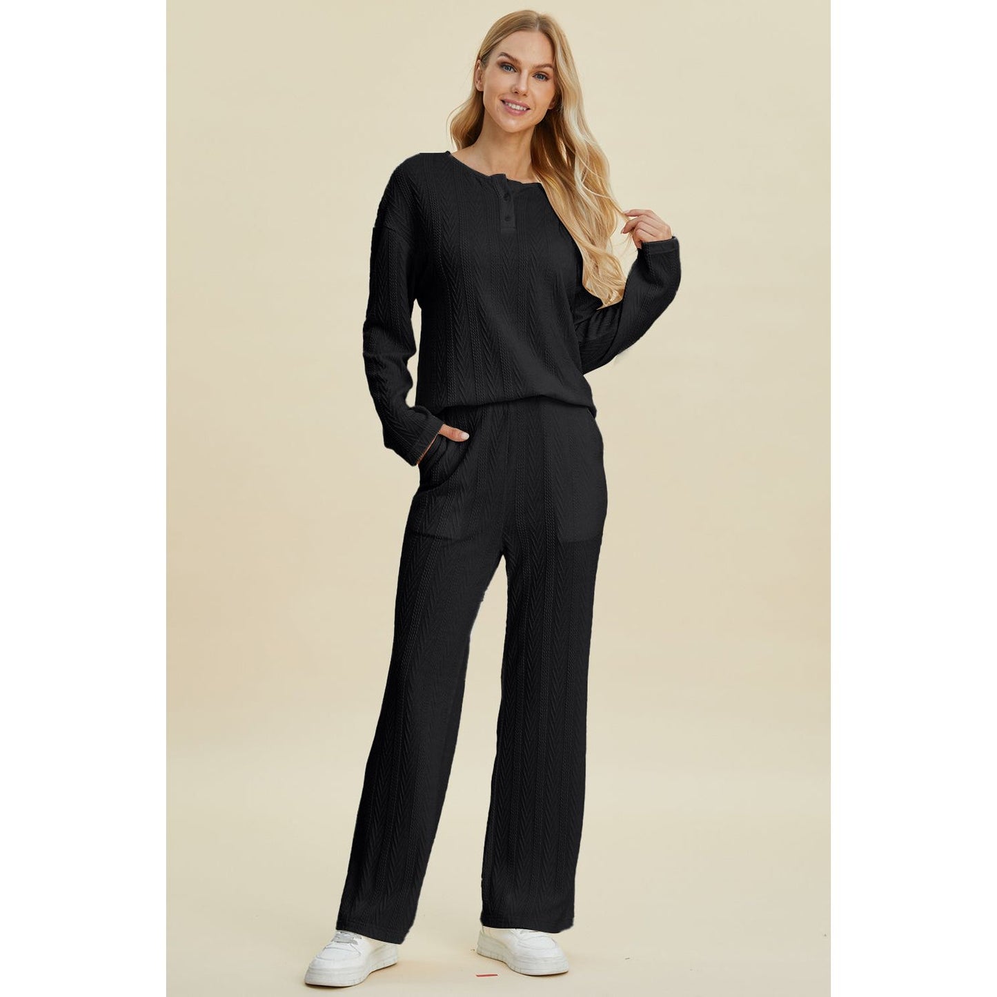 Double Take Full Size Cable-Knit Long Sleeve Top and Pants Set