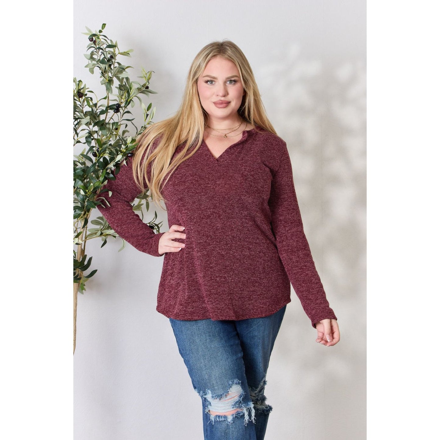 Heimish Full Size Notched Long Sleeve Top