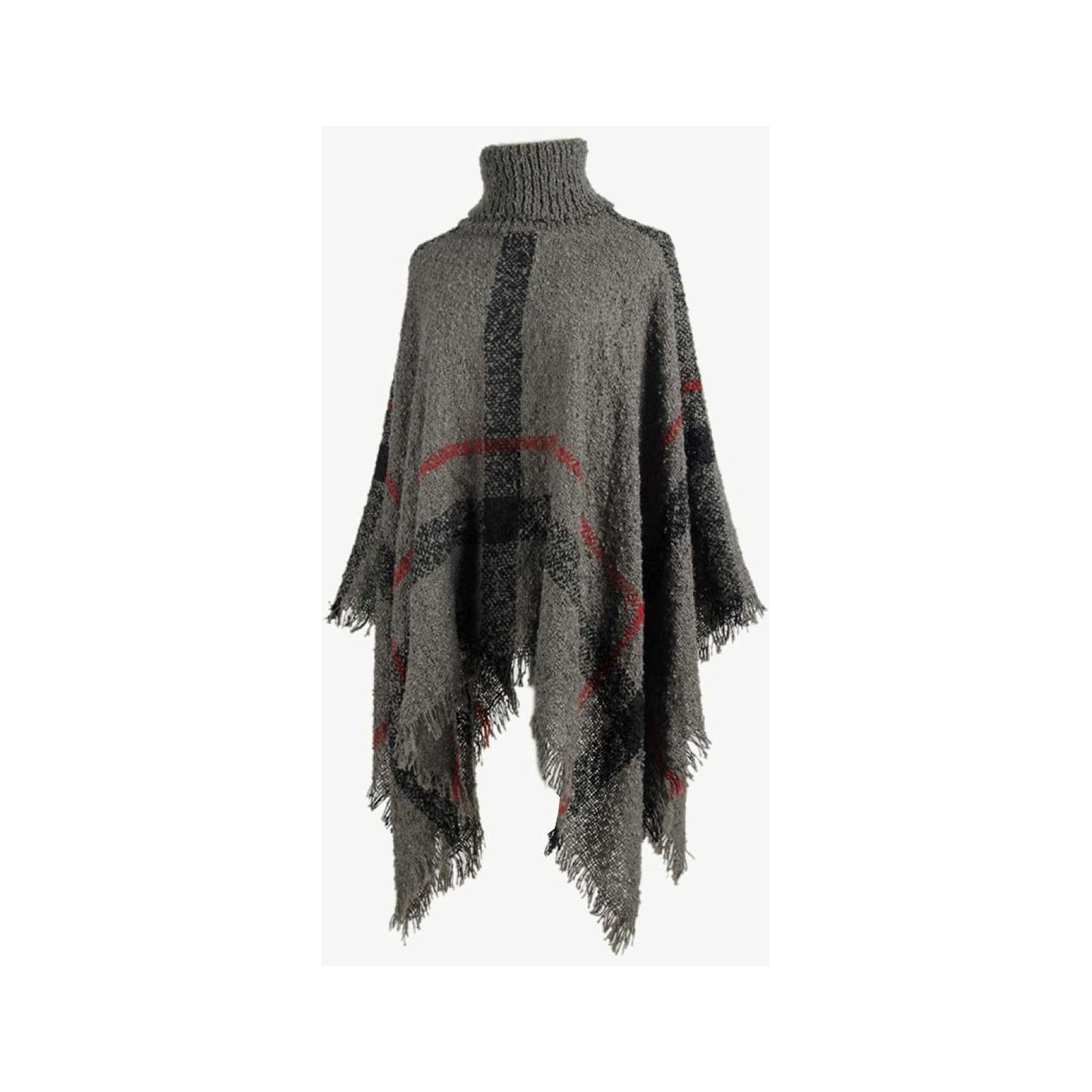 Plaid Turtleneck Raw Hem Poncho