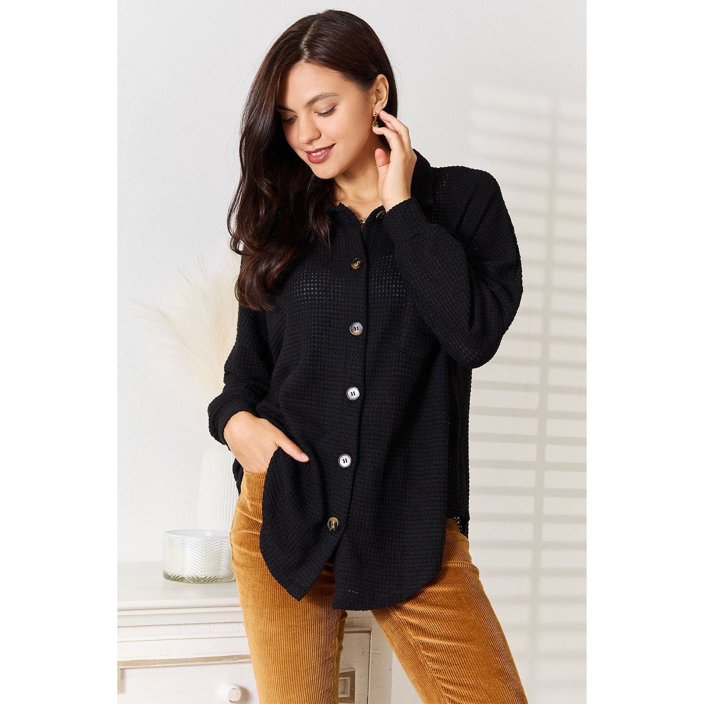 Double Take Waffle-Knit Collared Neck Dropped Shoulder Shirt