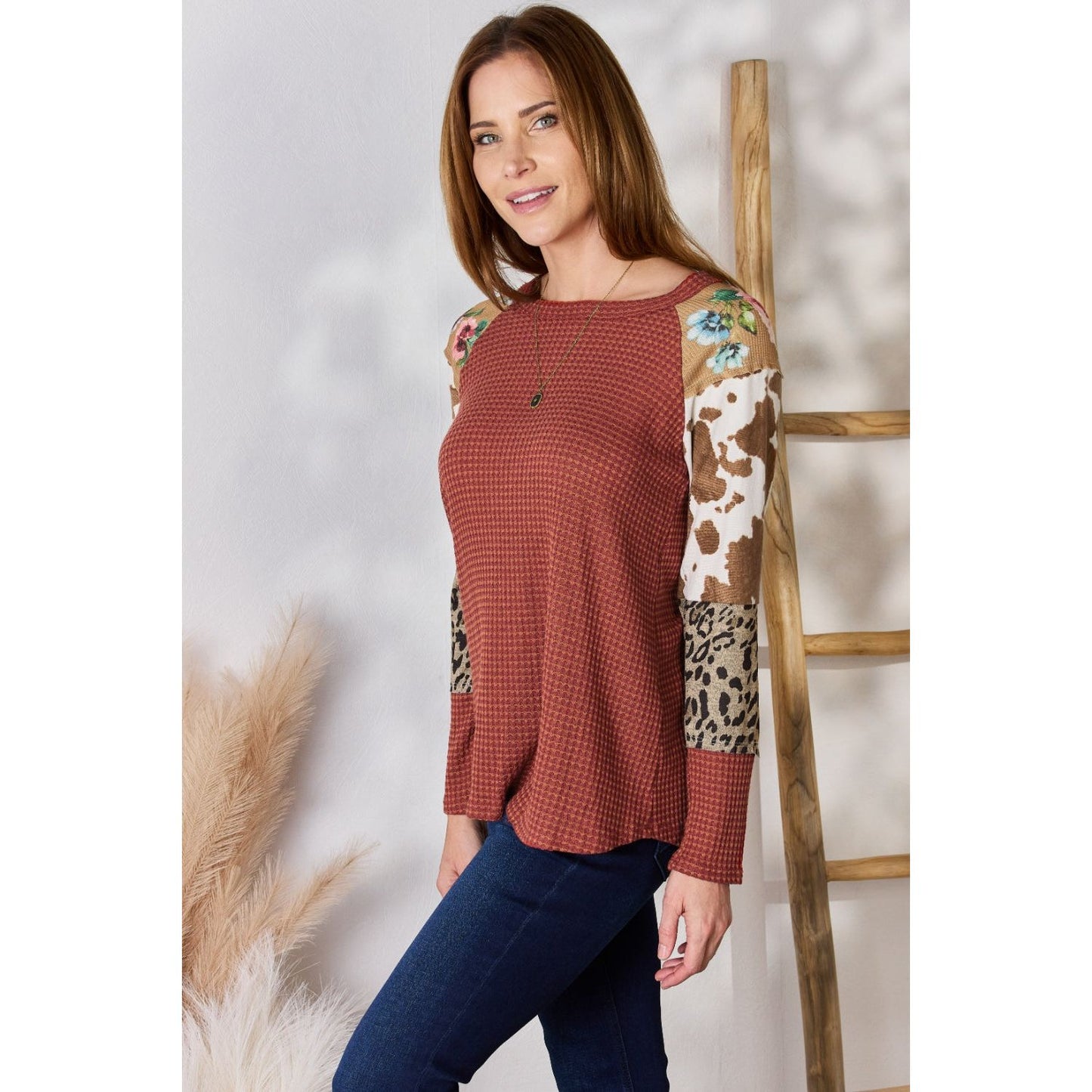 Hailey & Co Full Size Leopard Waffle-Knit Blouse