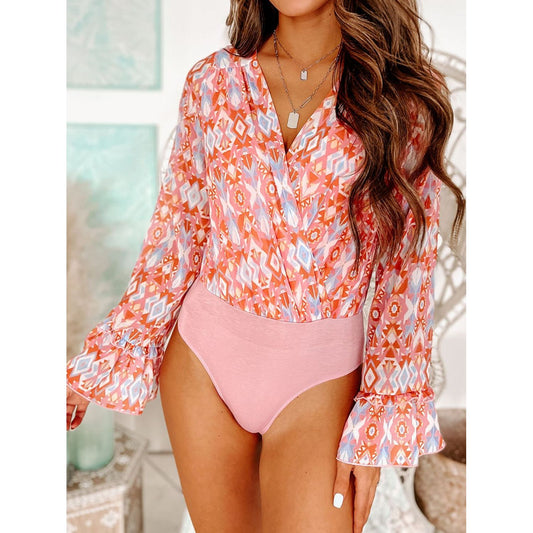 Printed Surplice Neck Frill Trim Bodysuit