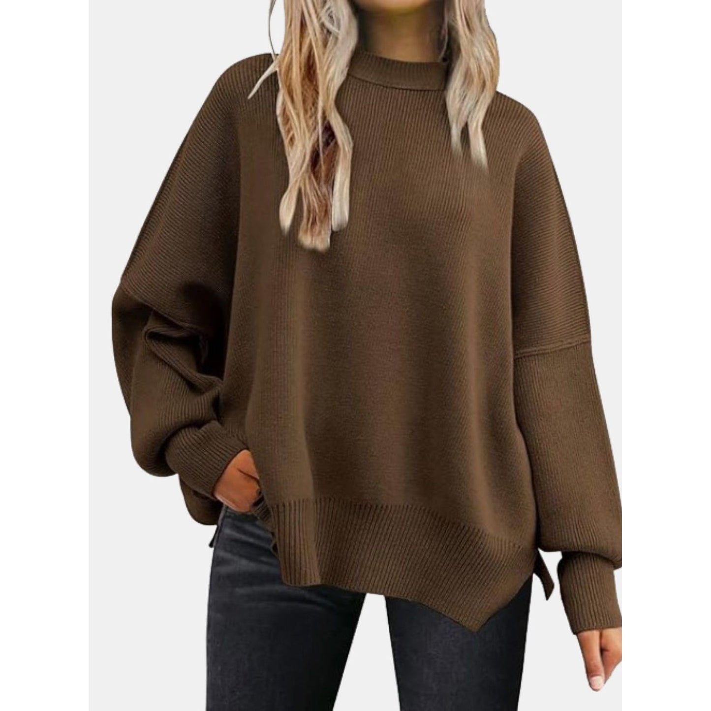 Round Neck Drop Shoulder Slit Sweater