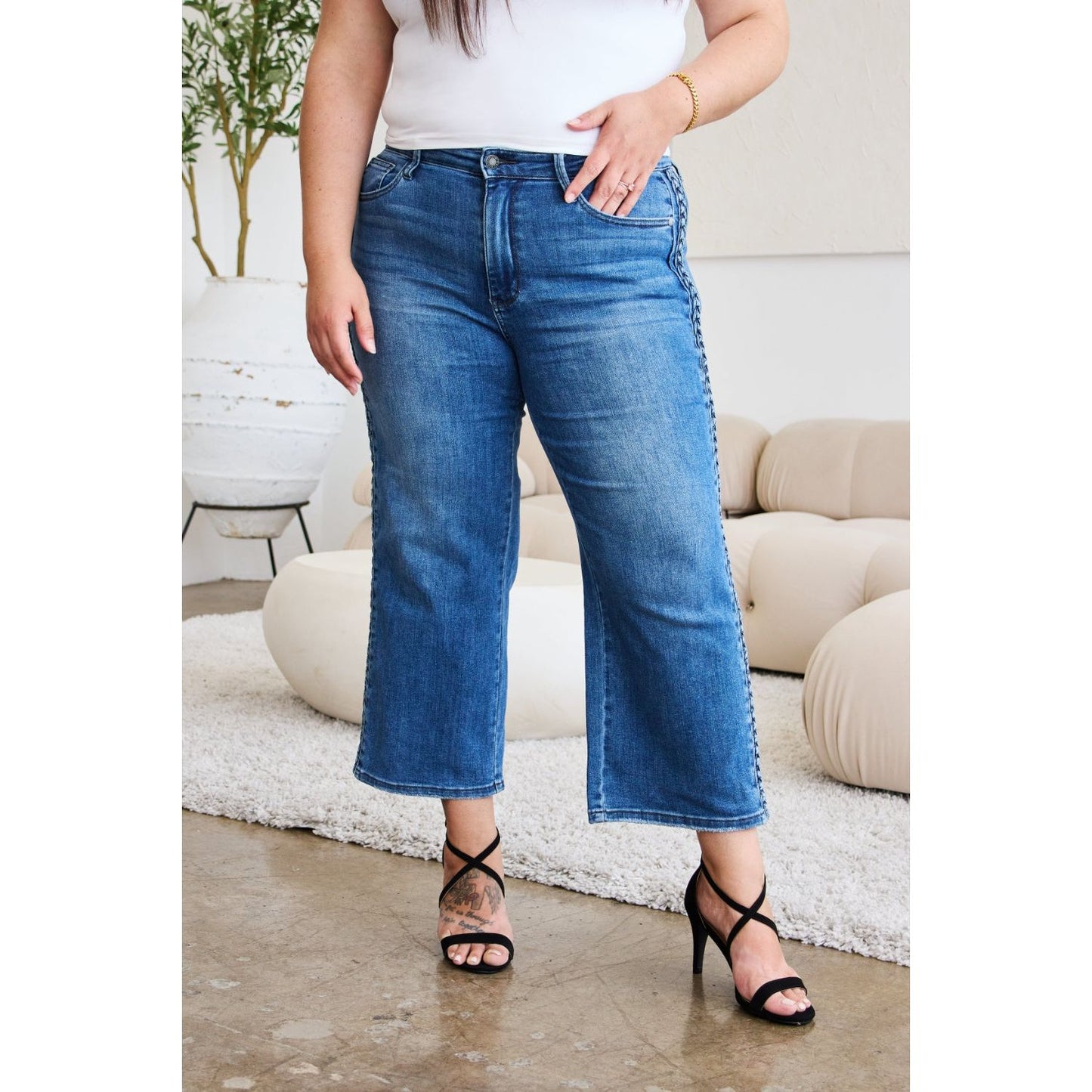 Judy Blue Full Size Braid Side Detail Wide Leg Jeans