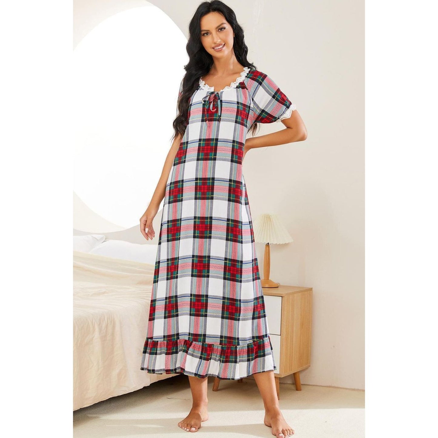 Plaid Lace Trim Ruffle Hem Night Dress