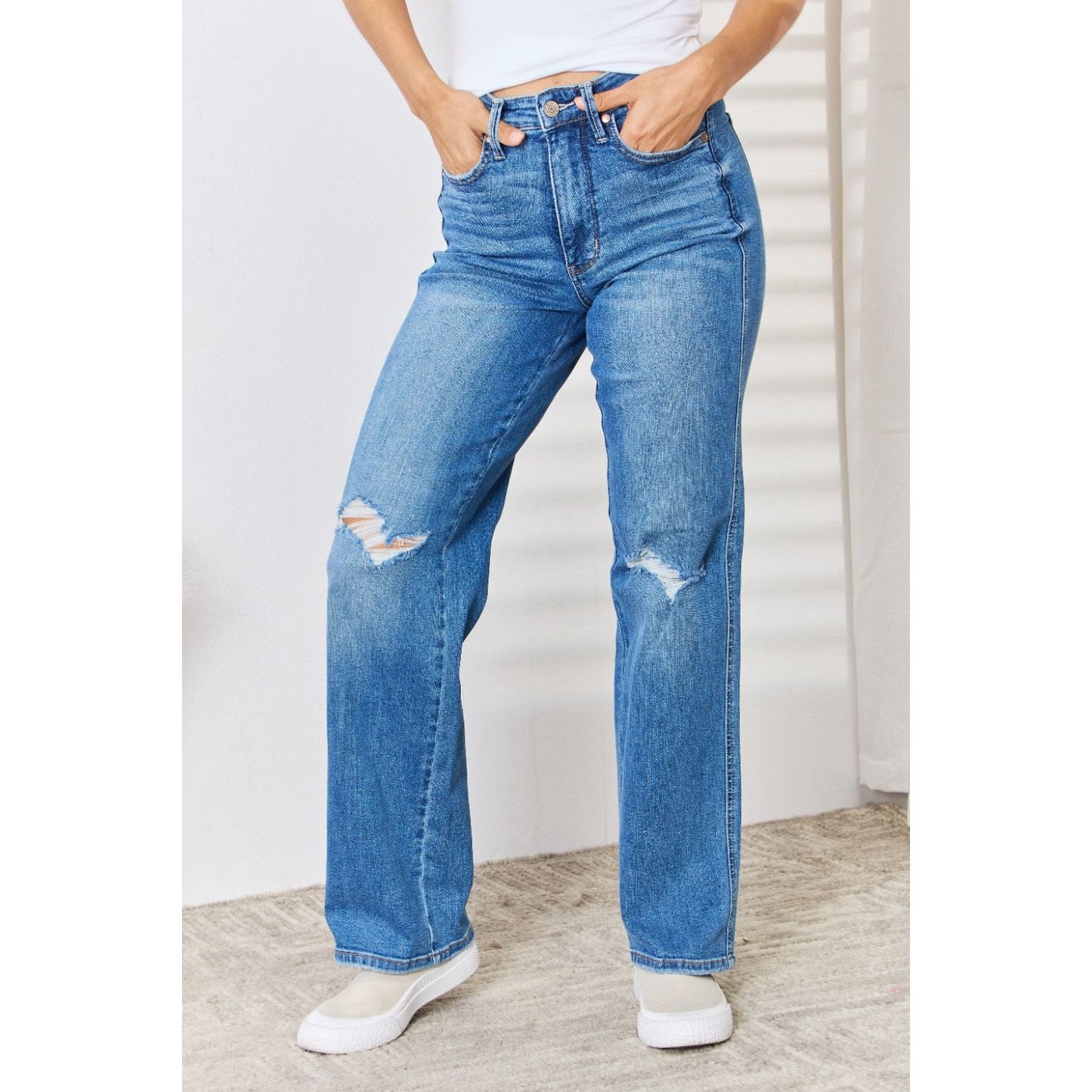 Judy Blue Full Size High Waist Distressed Straight-Leg Jeans