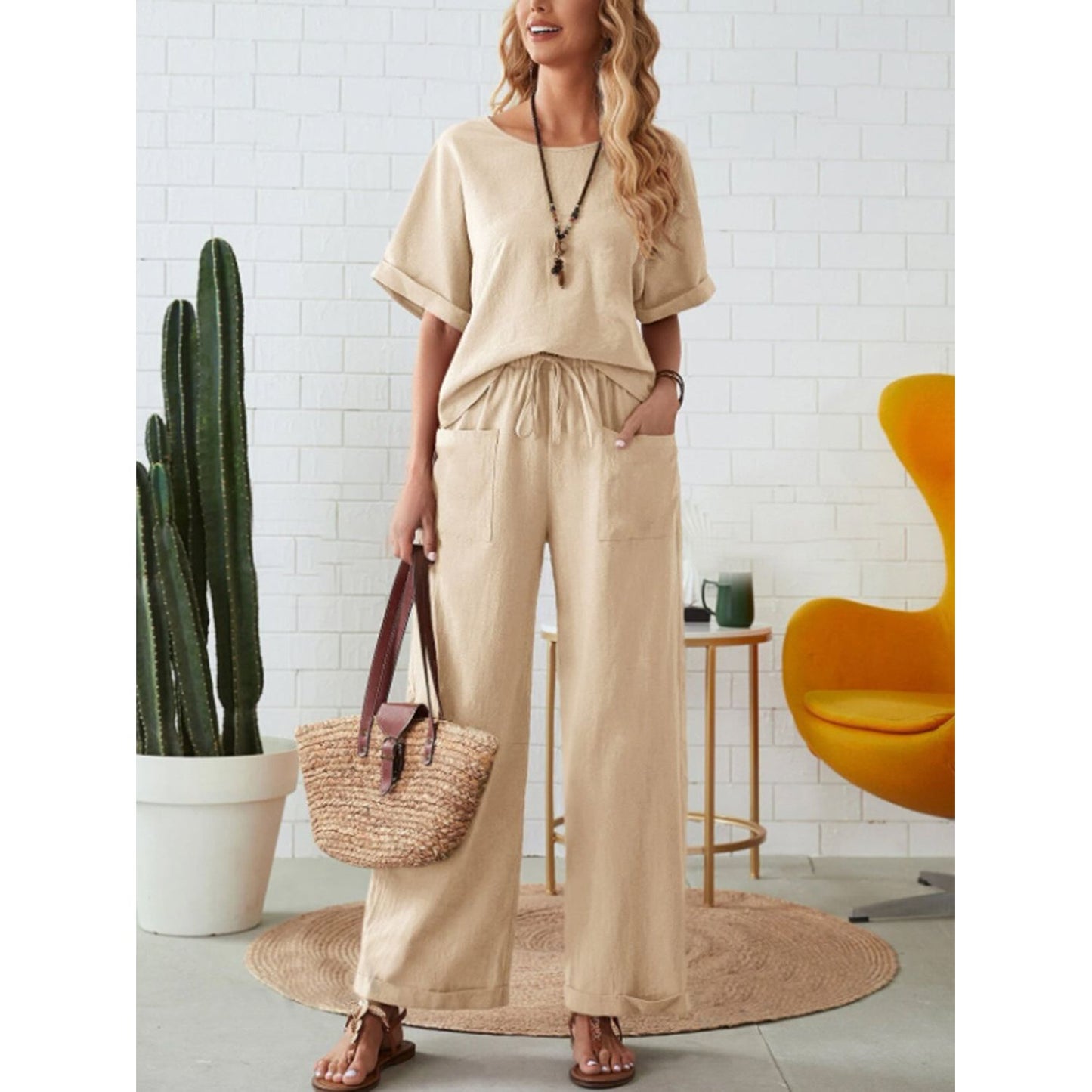 Round Neck Half Sleeve Top and Pocketed Pants Set