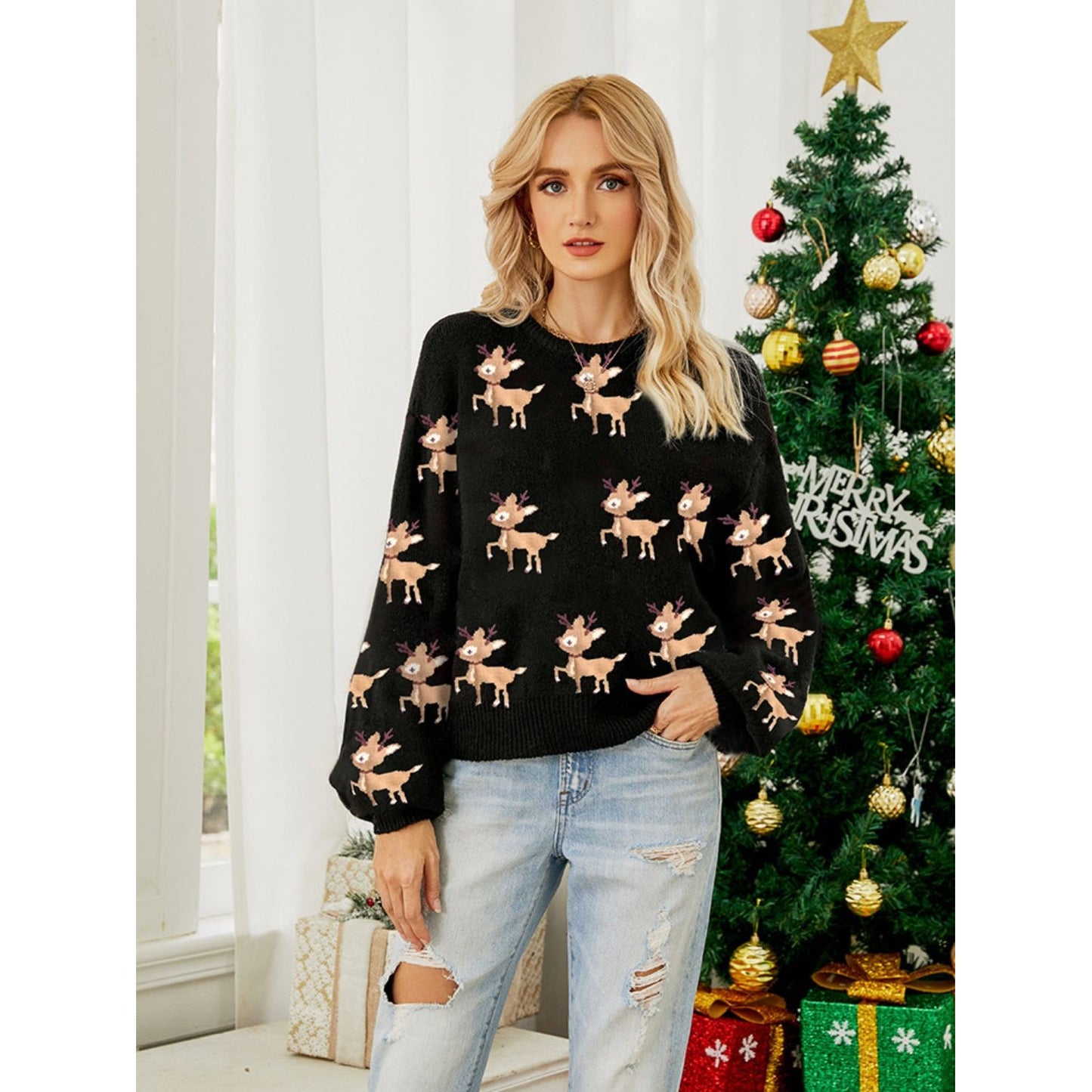 Reindeer Round Neck Long Sleeve Sweater