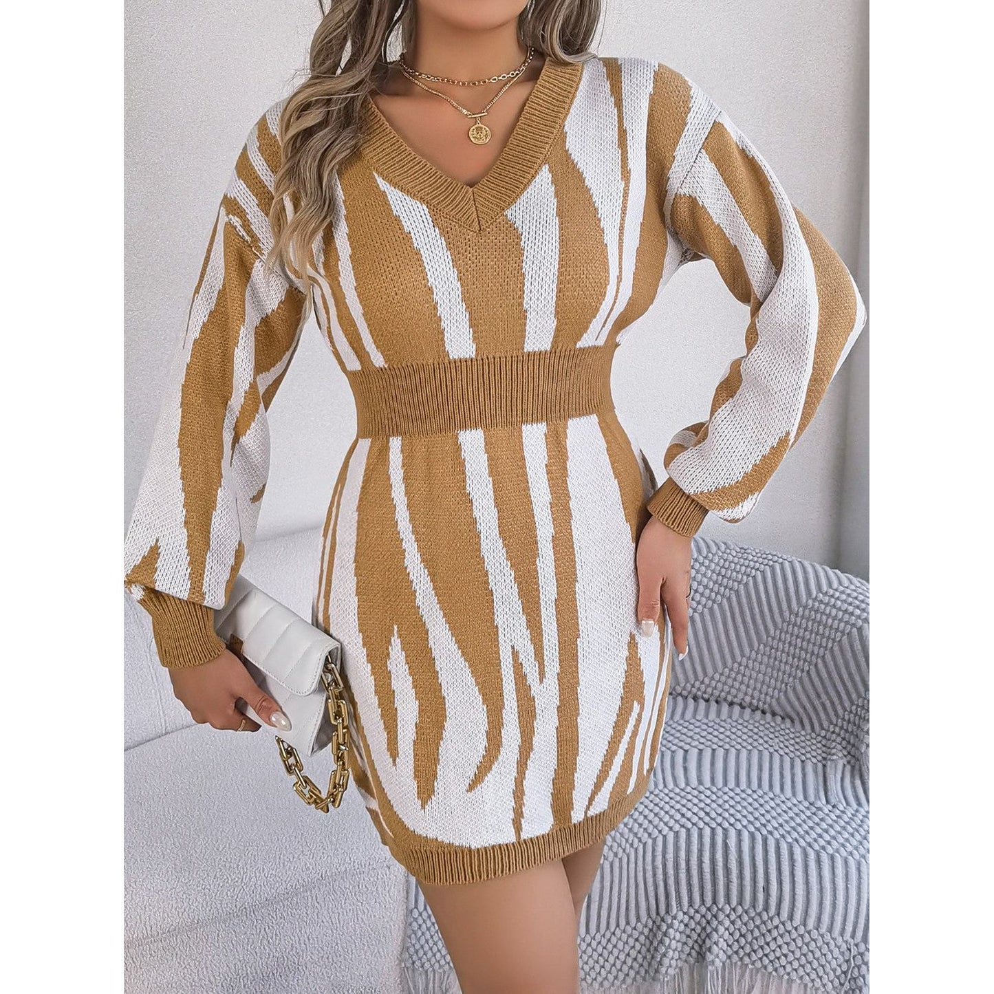 Animal Print V-Neck Long Sleeve Sweater Dress