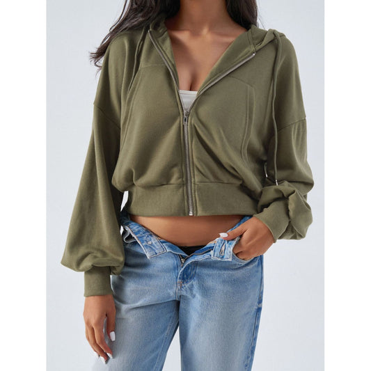 Devine Drawstring Zip Up Long Sleeve Hoodie