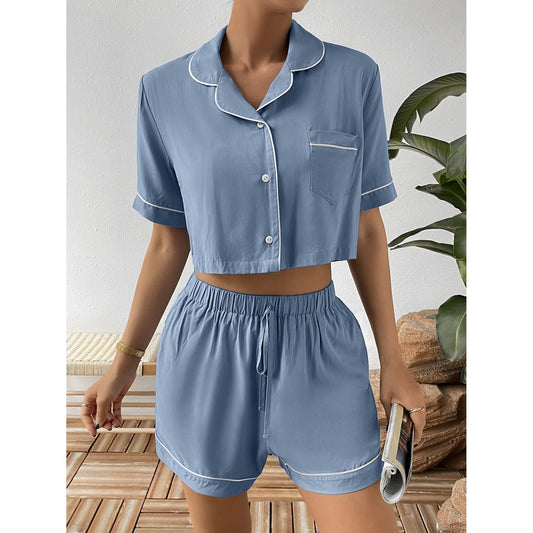 Ivy Lane Contrast Lapel Collar Cropped Shirt and Shorts Lounge Set