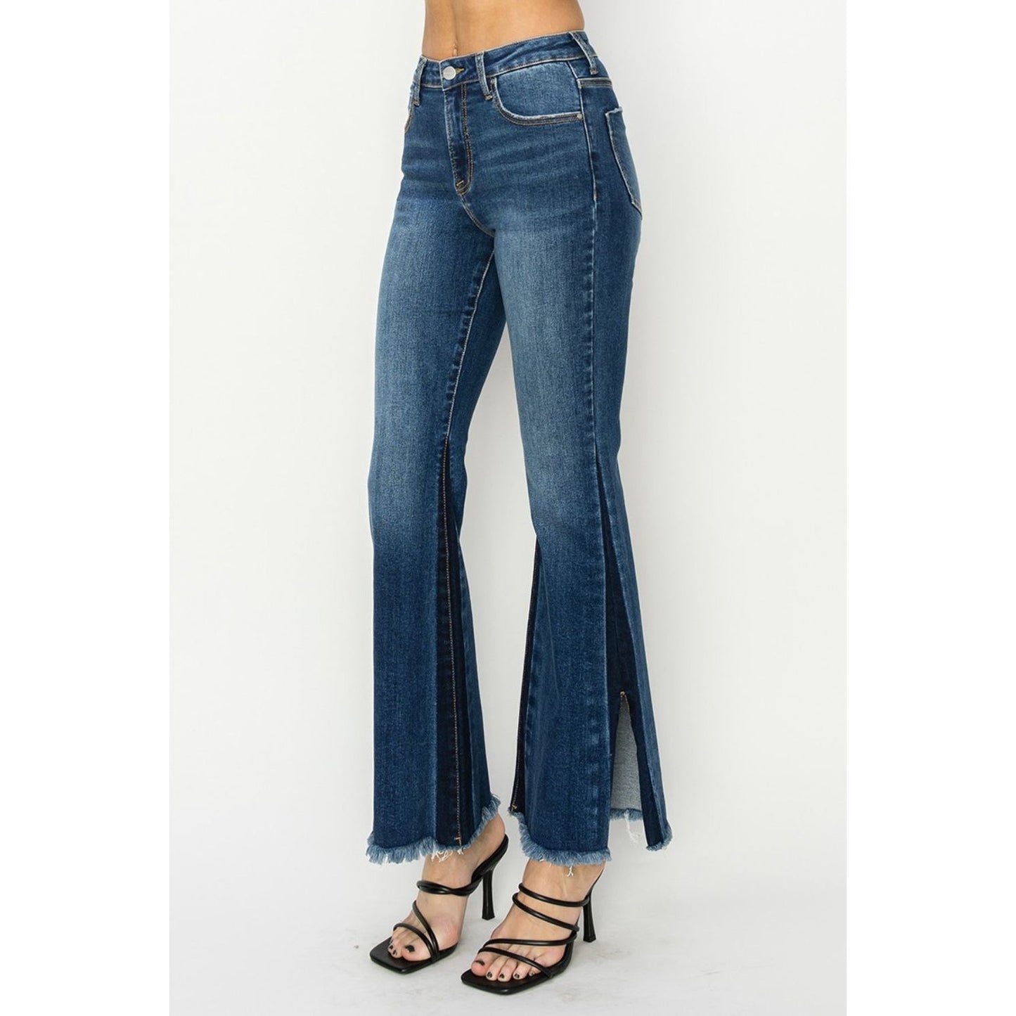 RISEN Full Size High Rise Side Shadow Seam Detail Slit Flare Jeans