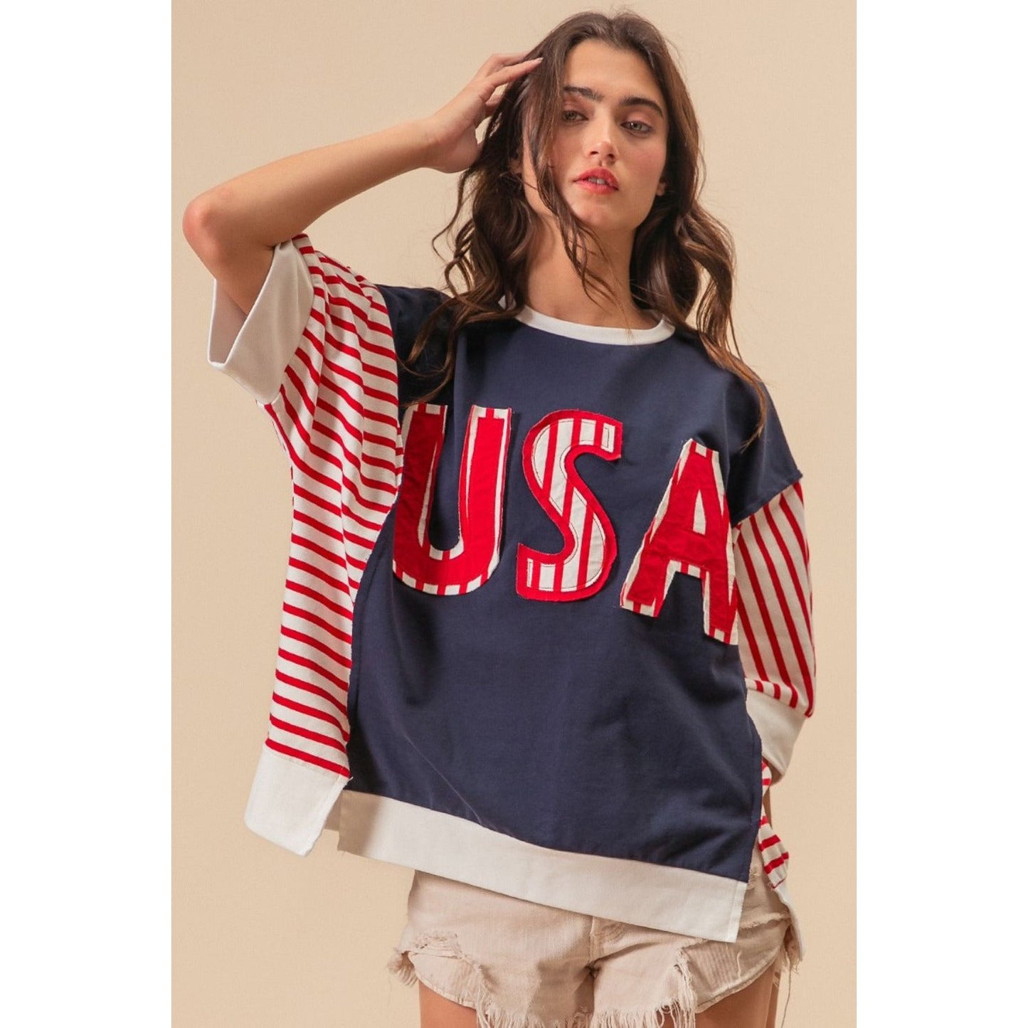 BiBi USA Letter Patchwork Contrast Short Sleeve T-Shirt