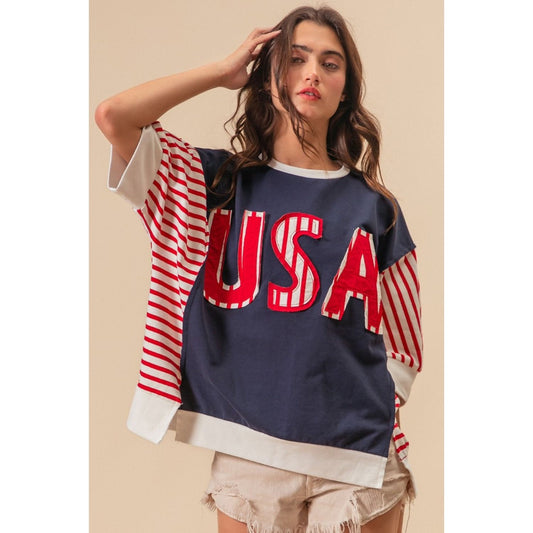 BiBi USA Letter Patchwork Contrast Short Sleeve T-Shirt