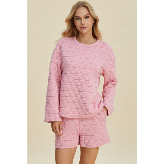 Double Take Full Size Texture Round Neck Long Sleeve Top and Shorts Set