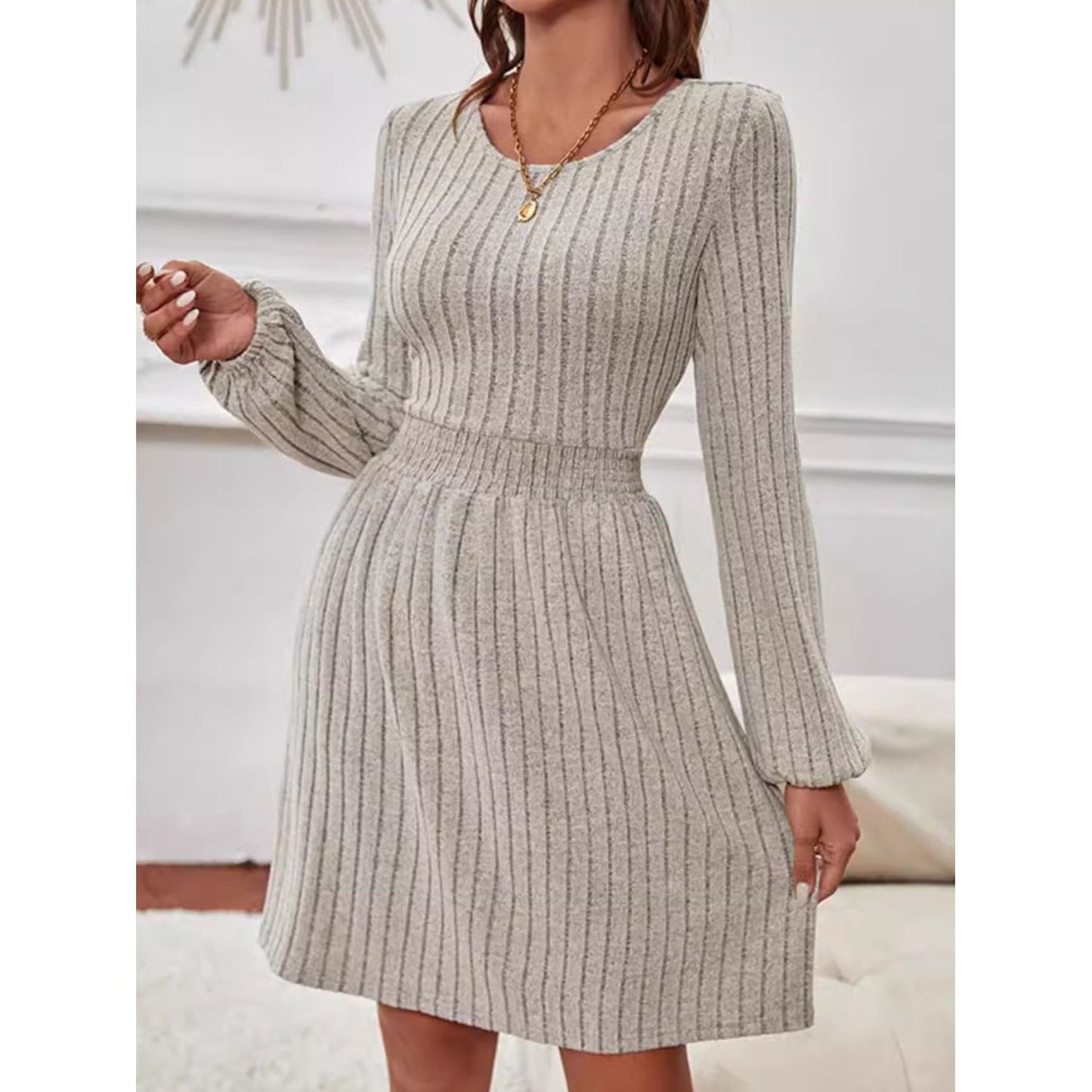 Smocked Round Neck Long Sleeve Knee Length Dress