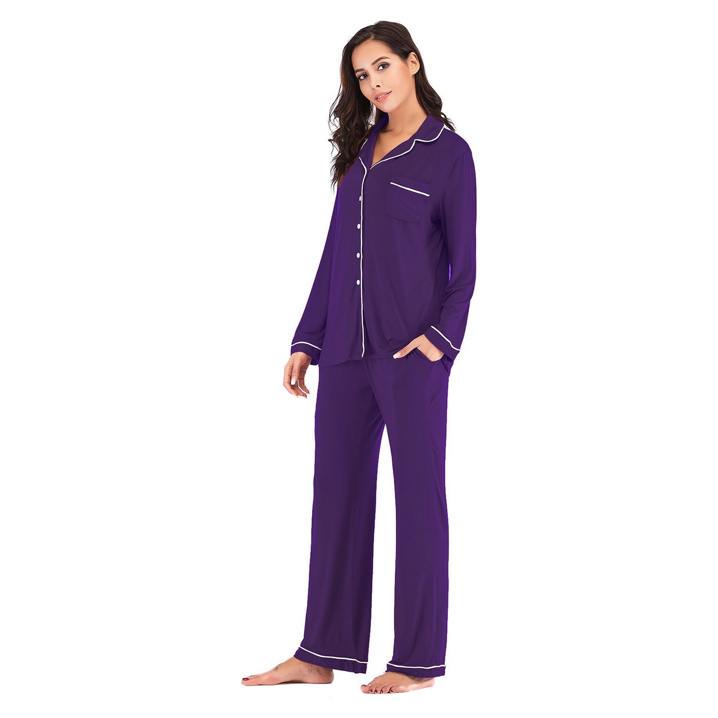 Collared Neck Long Sleeve Loungewear Set with Pockets