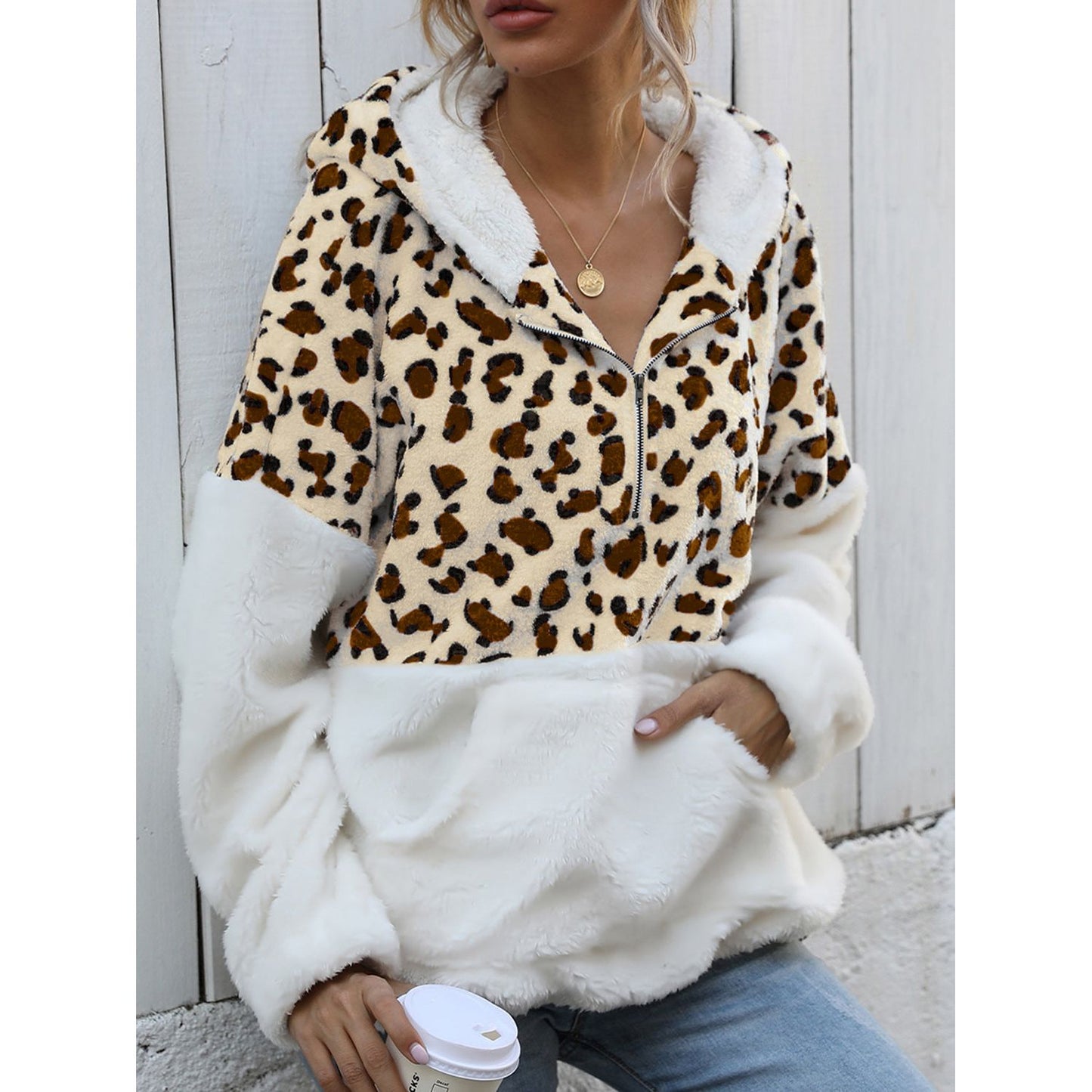 Shiny Leopard Half-Zip Dropped Shoulder Hoodie