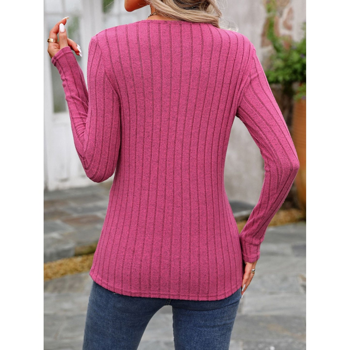 Decorative Button Round Neck Long Sleeve T-Shirt