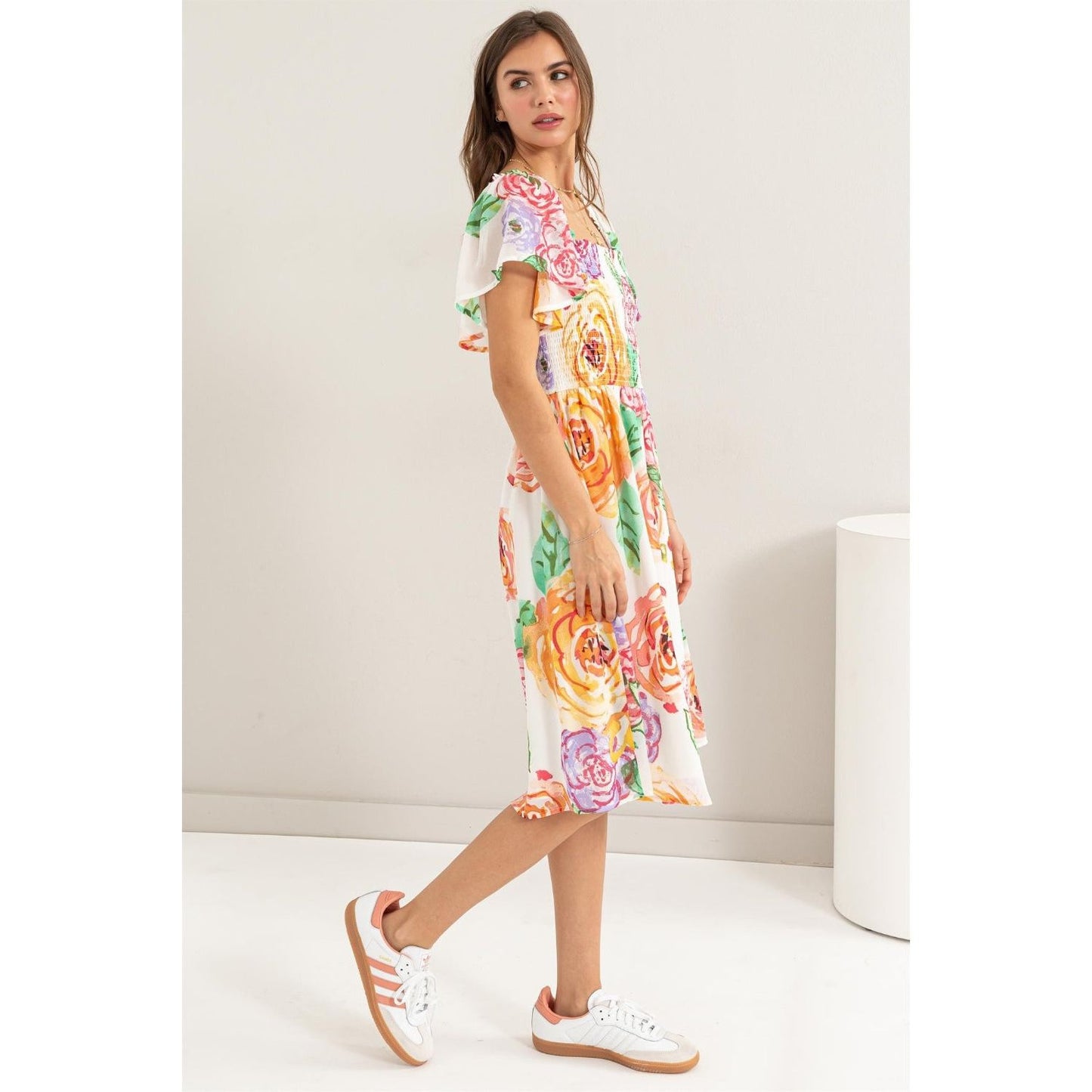 HYFVE Floral Flutter Sleeve Smocked Dress