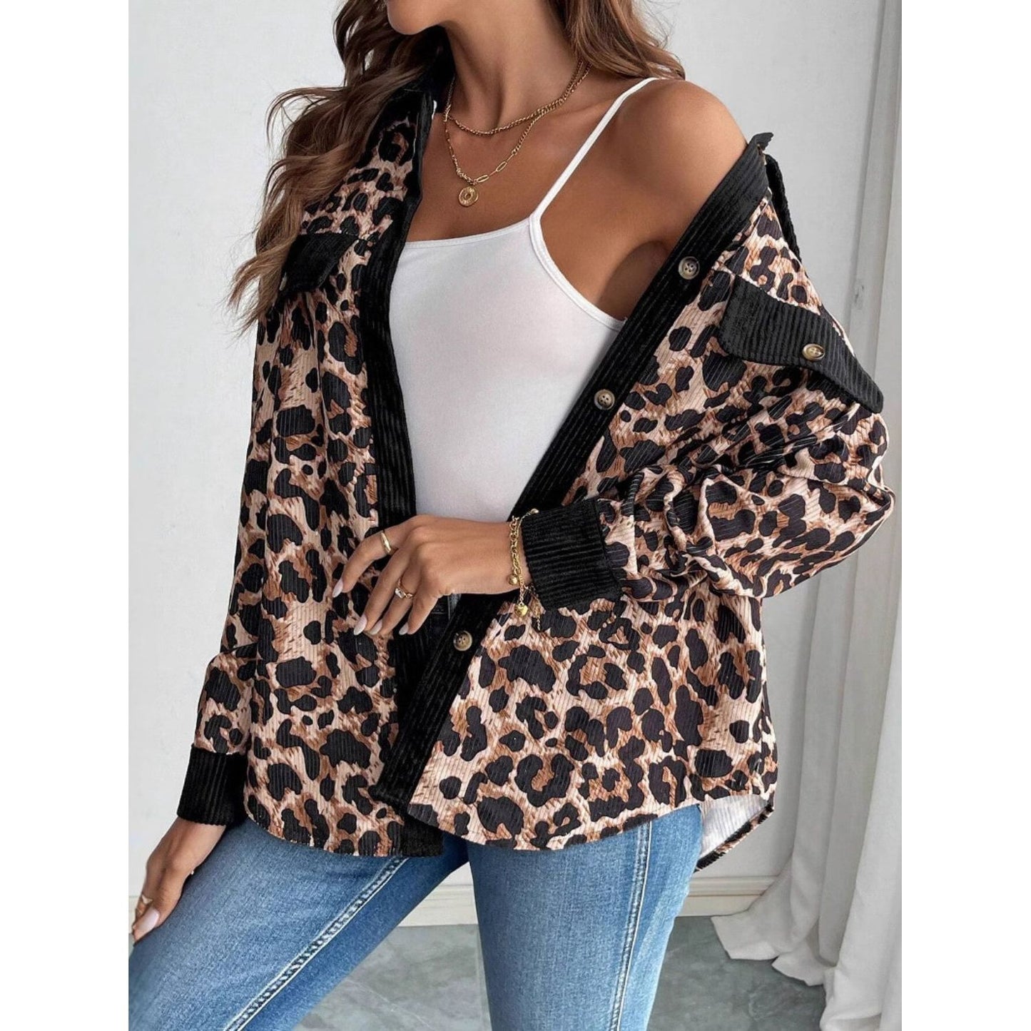 Leopard Collared Neck Button Up Shacket