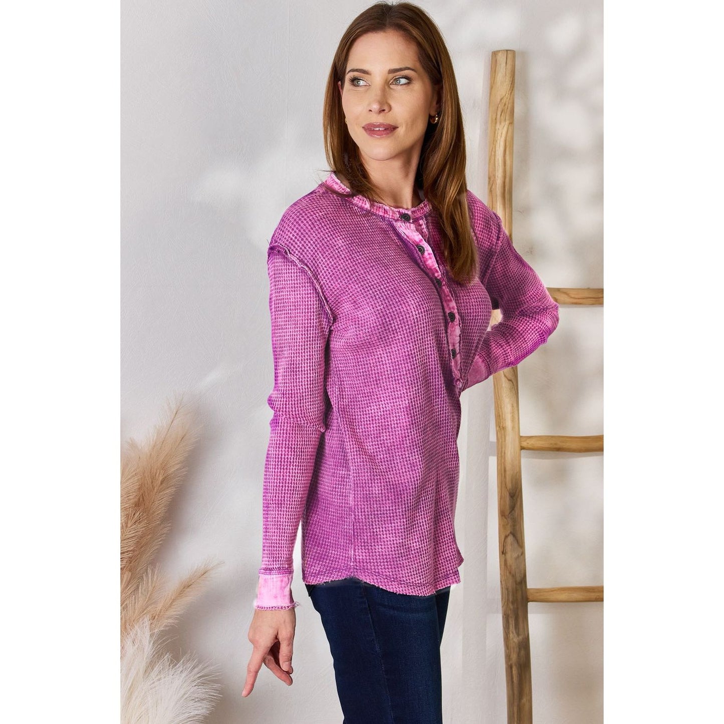 Zenana Washed Half Button Exposed Seam Waffle Top