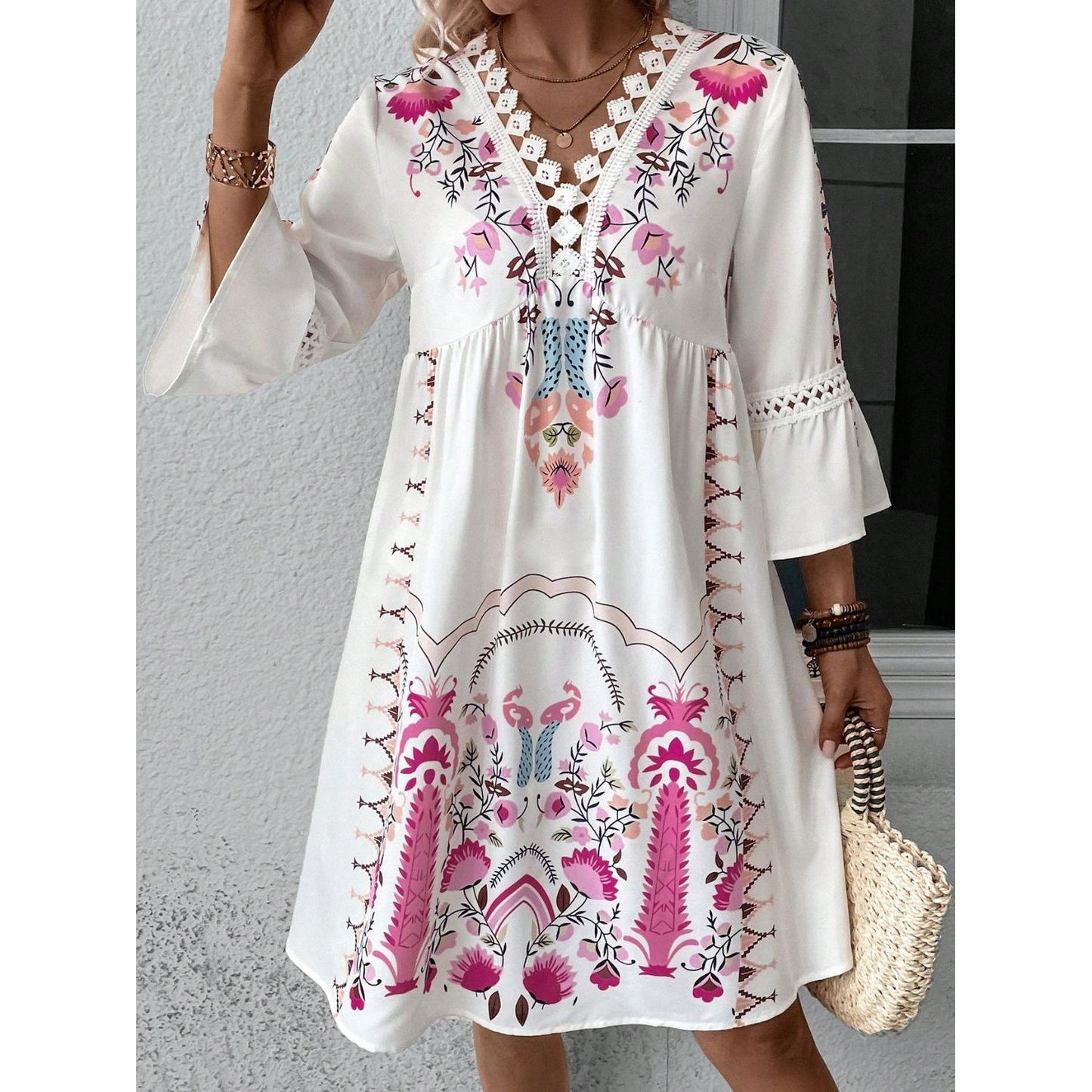 Lace Detail Printed Three-Quarter Sleeve Dress