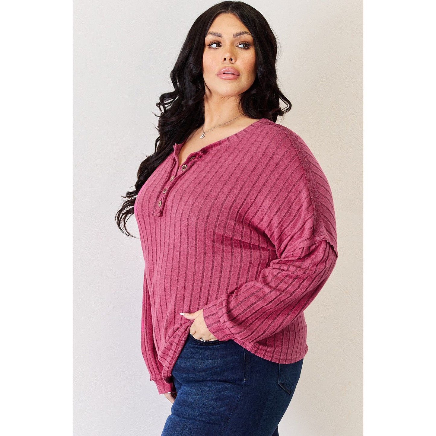 Basic Bae Full Size Ribbed Half Button Long Sleeve High-Low T-Shirt