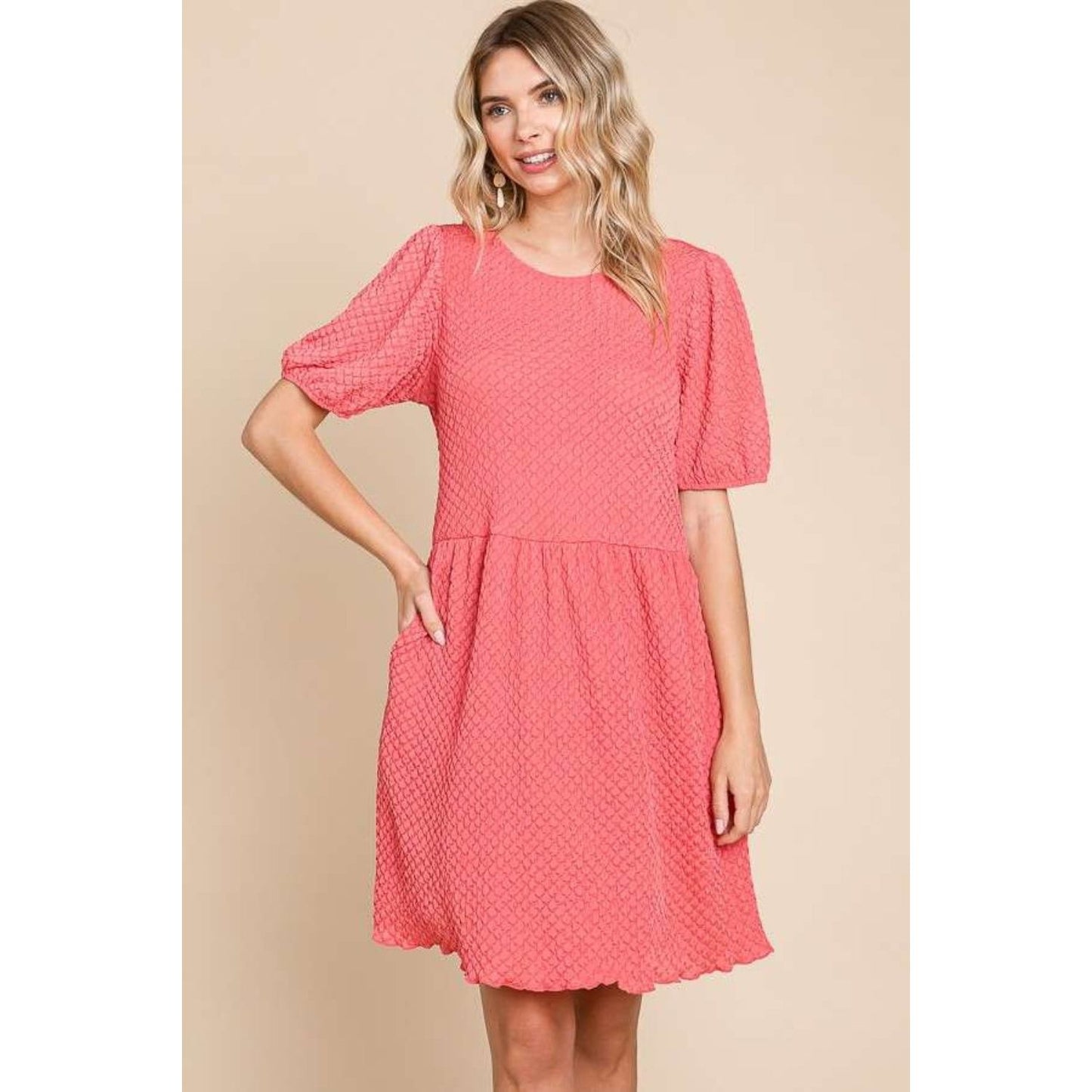 Culture Code Full Size Textured Round Neck Puff Sleeve Dress