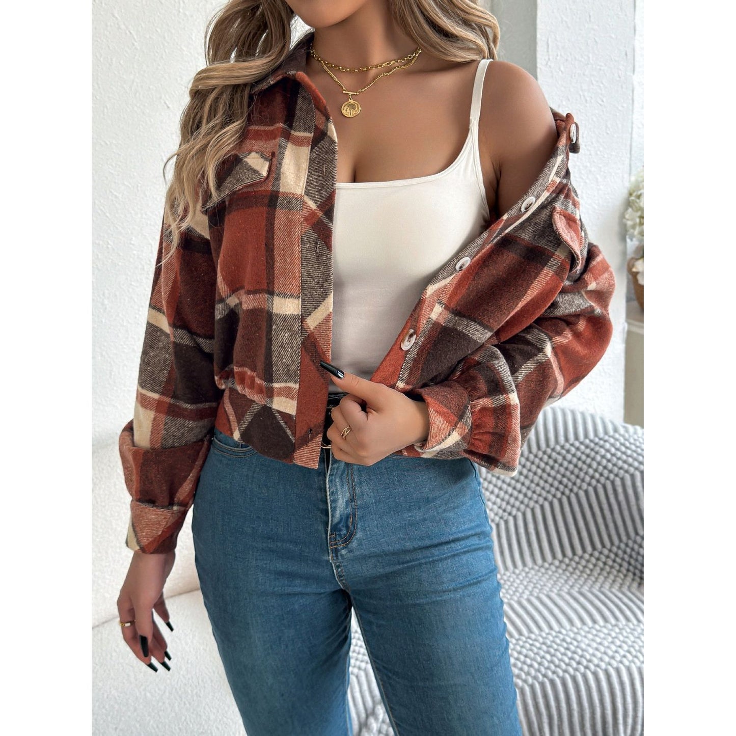 Plaid Button Up Long Sleeve Jacket