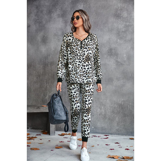 Leopard V-Neck Dropped Shoulder Loungewear Set