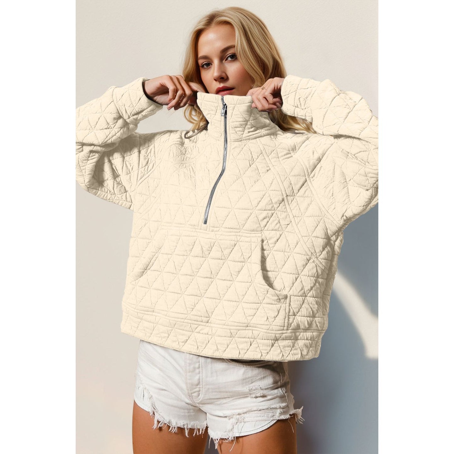 Double Take Half Zip Long Sleeve Quilted Sweatshirt with Pocket