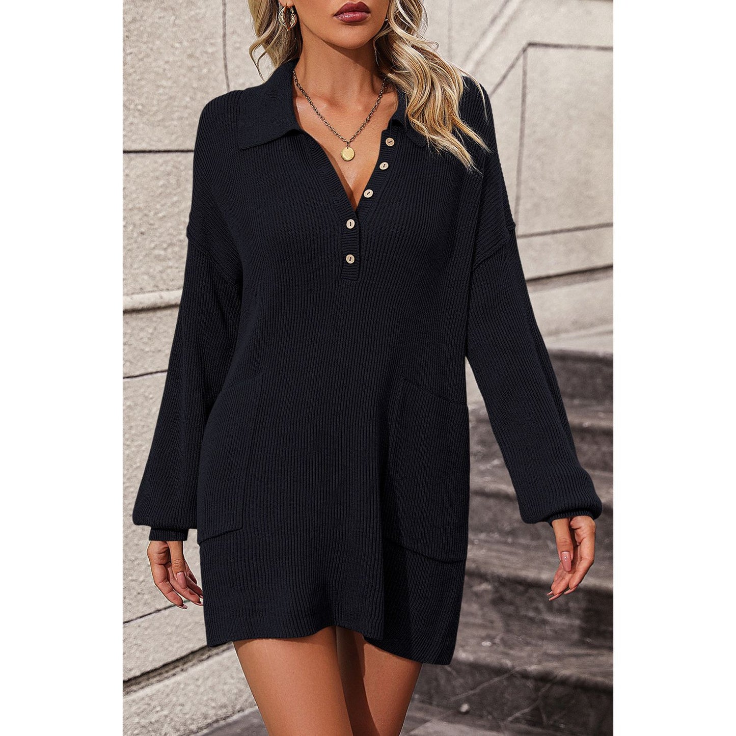 Collared Neck Long Sleeve Sweater Dress with Pockets