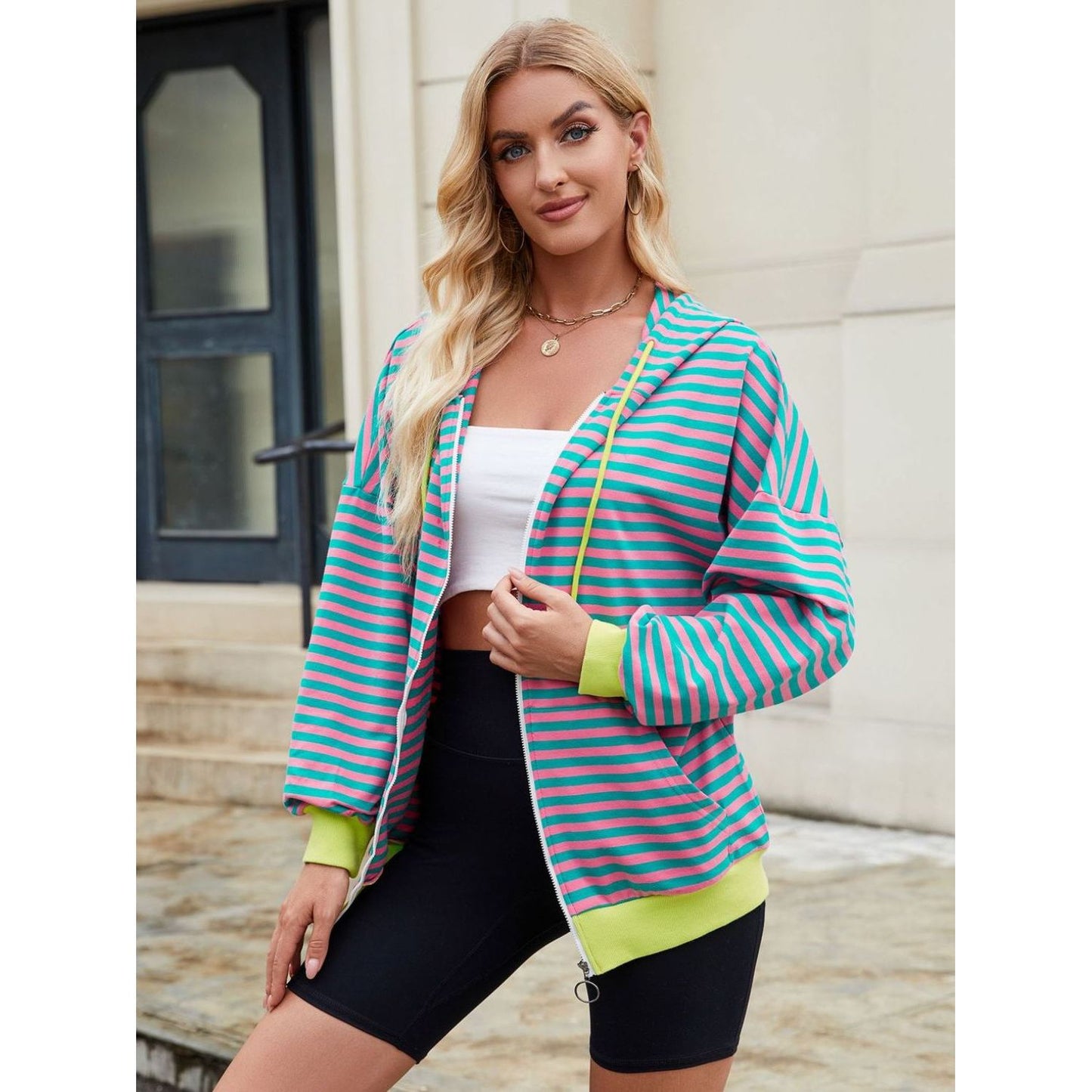 Drawstring Striped Zip Up Long Sleeve Hoodie